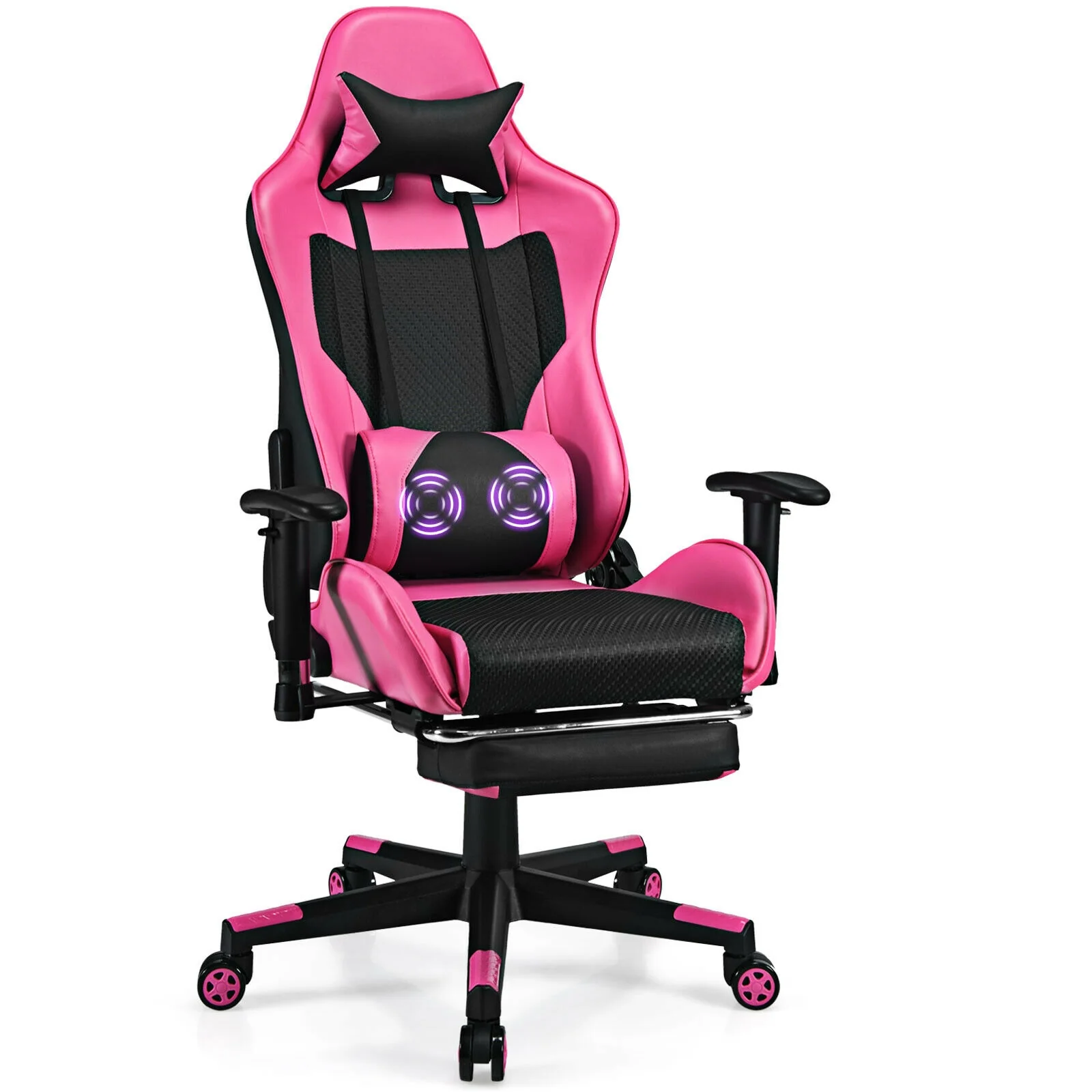 PU Leather Gaming Chair, USB Massage Lumbar Pillow, Footrest, Pink - Image 4
