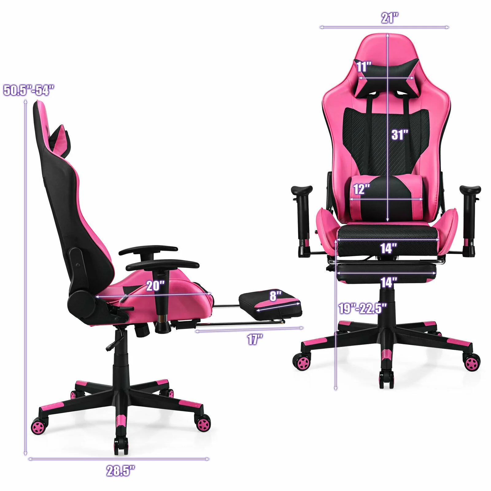 PU Leather Gaming Chair, USB Massage Lumbar Pillow, Footrest, Pink - Image 5