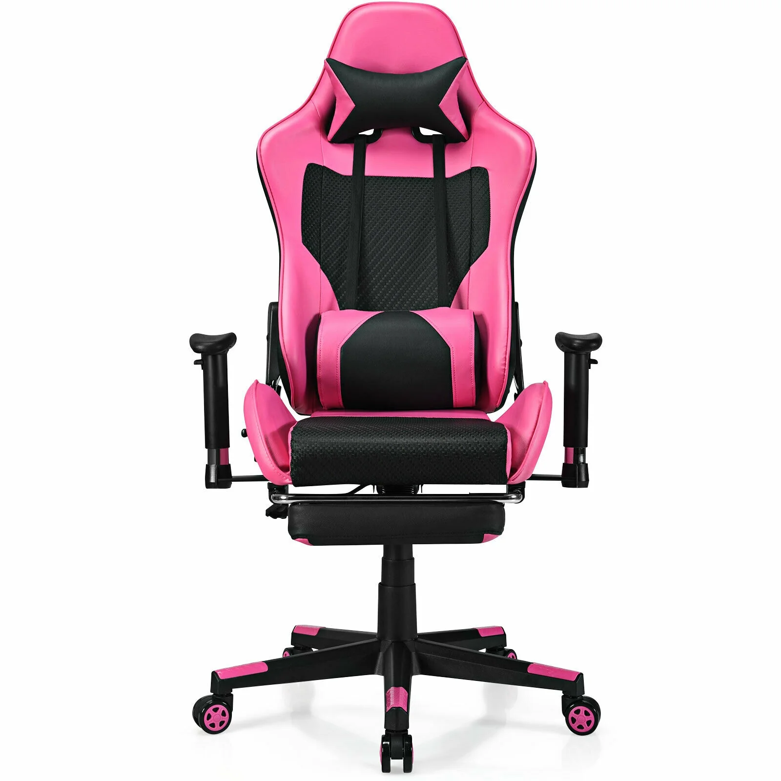 PU Leather Gaming Chair, USB Massage Lumbar Pillow, Footrest, Pink - Image 8