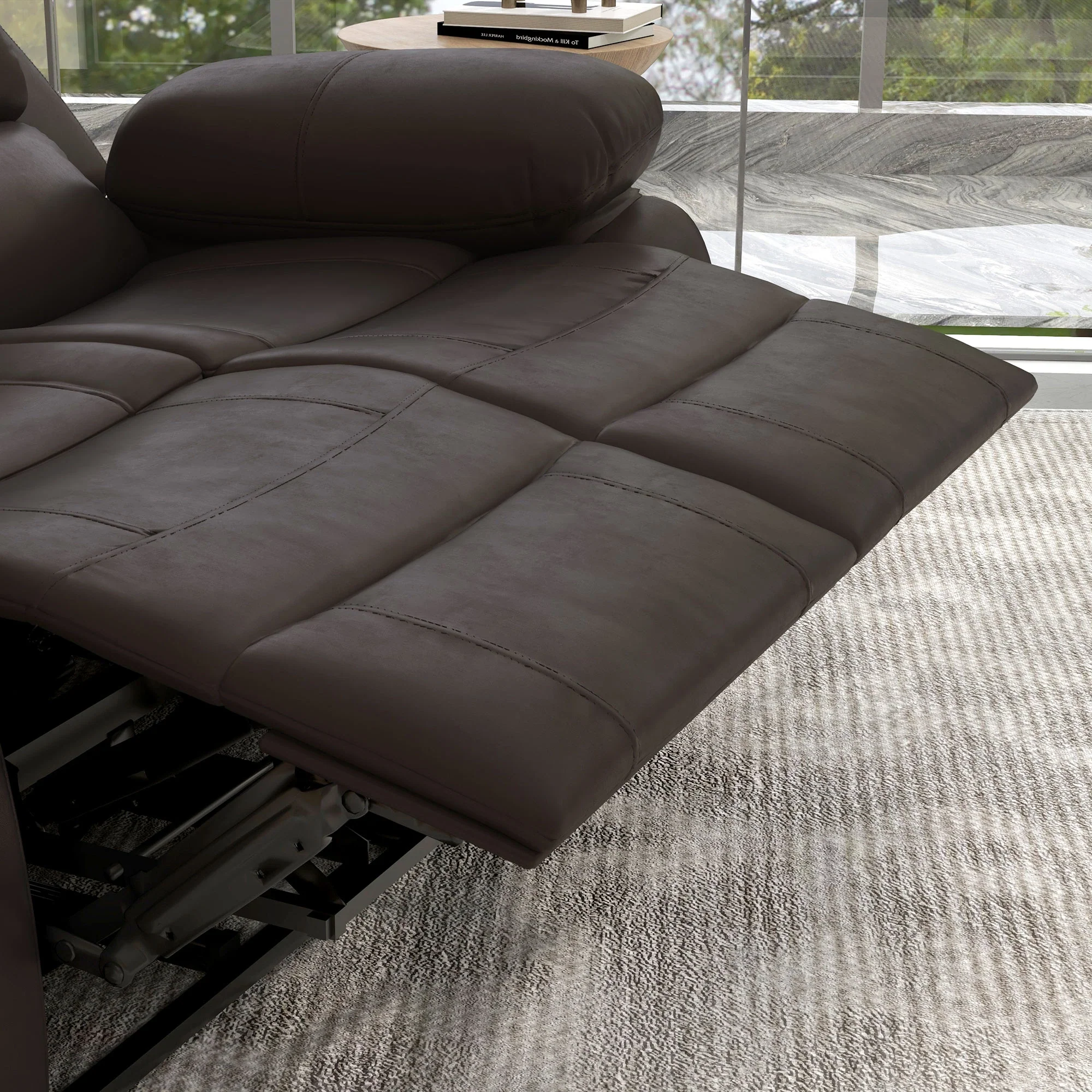 PU Leather Manual Recliner Sofa, Double Loveseat with Footrest, Brown - Image 10