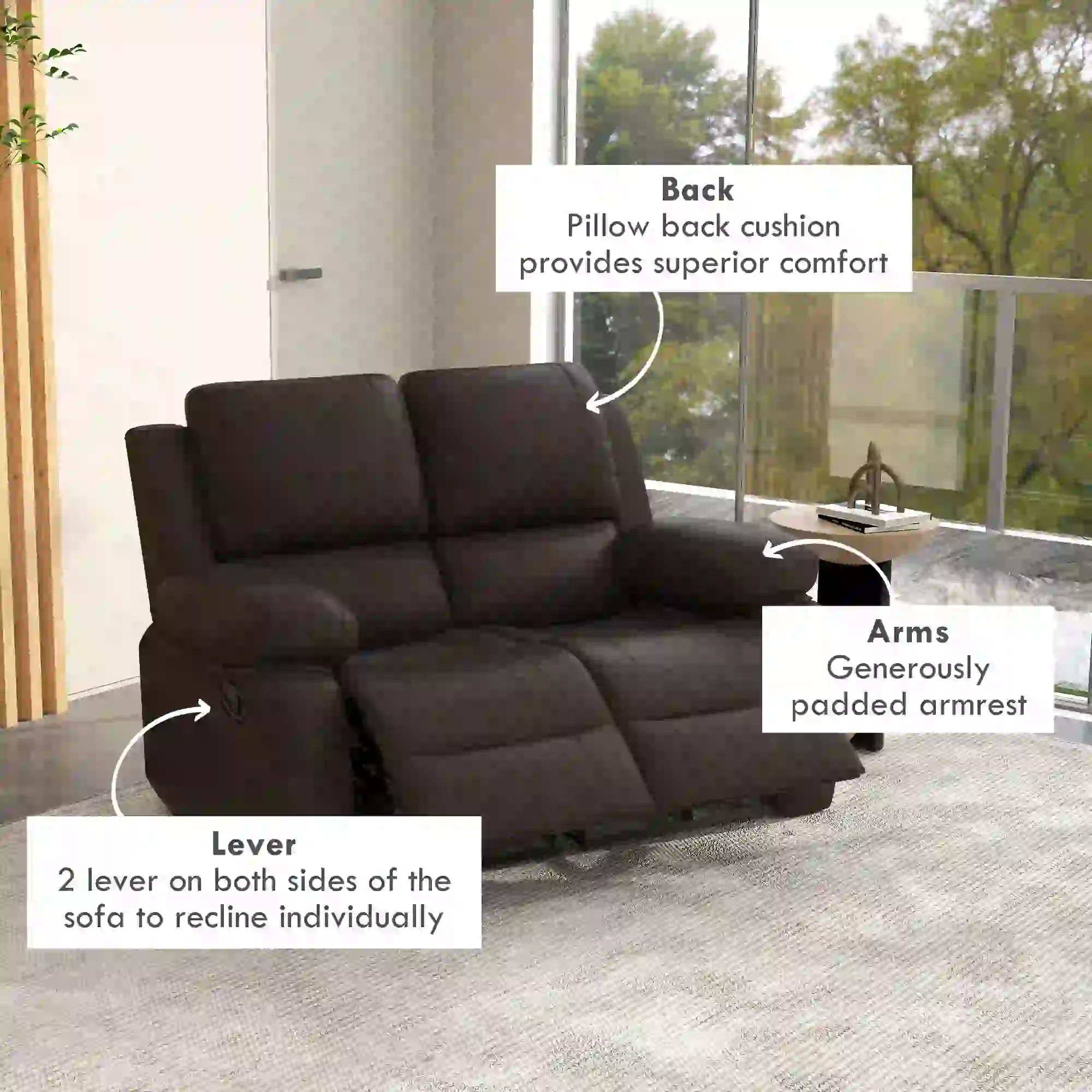 PU Leather Manual Recliner Sofa, Double Loveseat with Footrest, Brown - Image 5