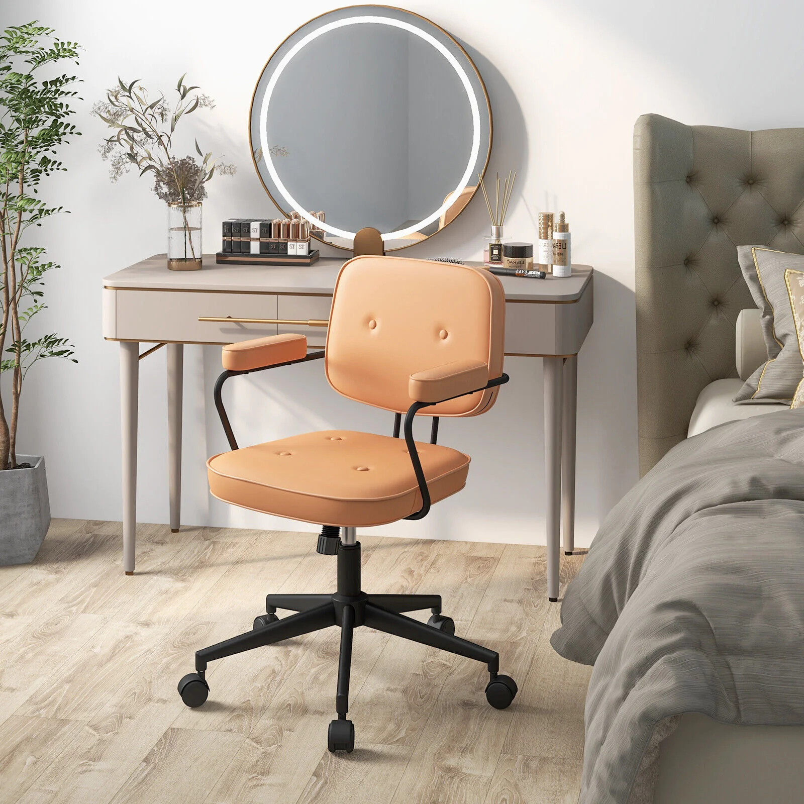 PU Leather Office Chair, Rocking Backrest, Ergonomic Armrest, Orange - Image 3