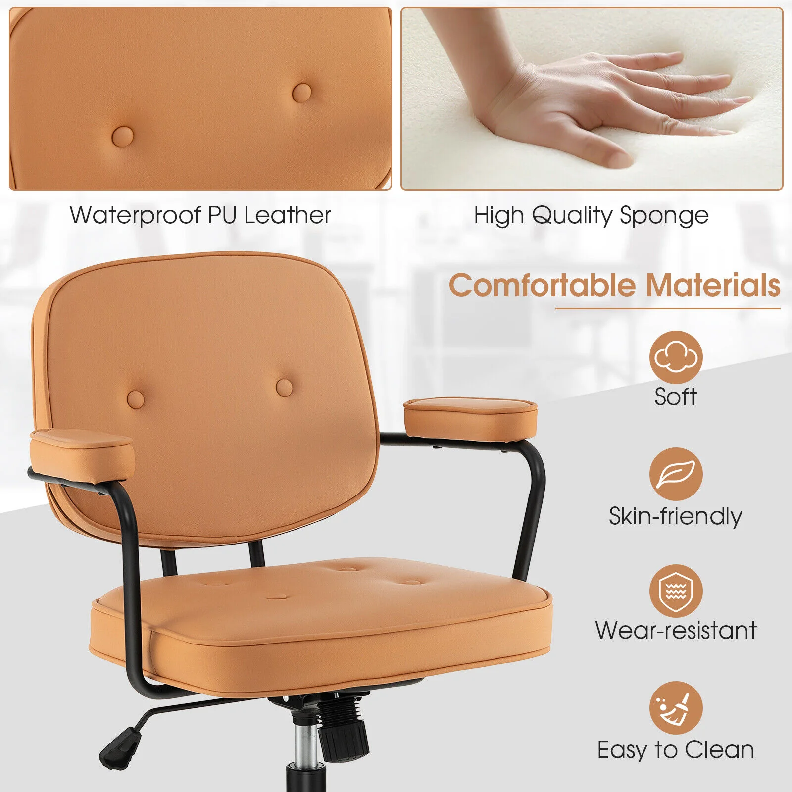 PU Leather Office Chair, Rocking Backrest, Ergonomic Armrest, Orange - Image 8