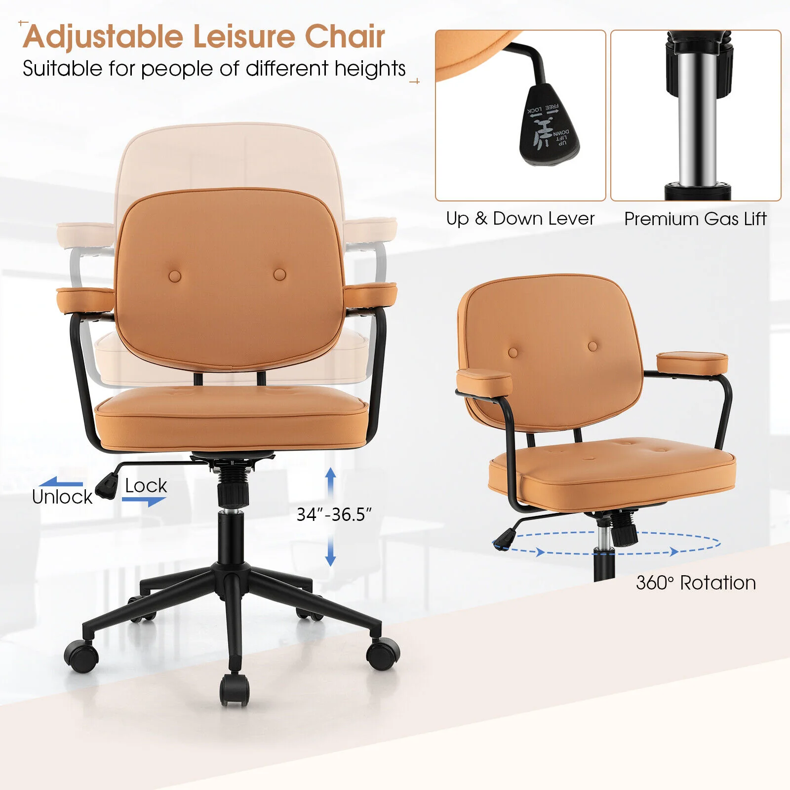 PU Leather Office Chair, Rocking Backrest, Ergonomic Armrest, Orange - Image 9