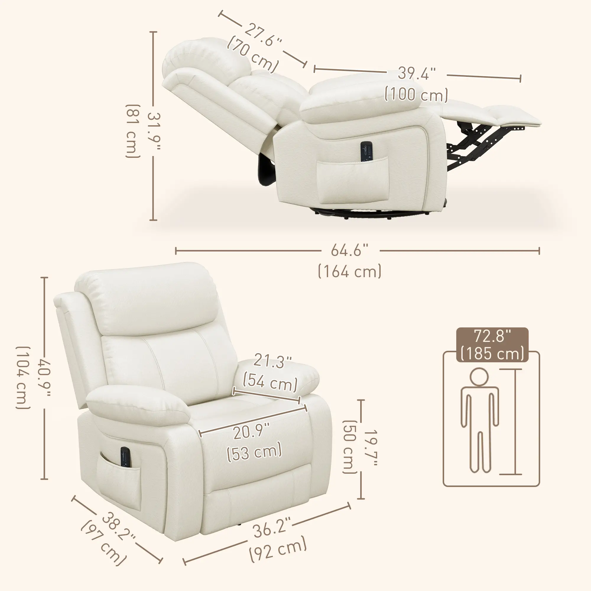 PU Leather Recliner Chair, Vibration Massage, Swivel Rocking, Remote, Cream White - Image 3