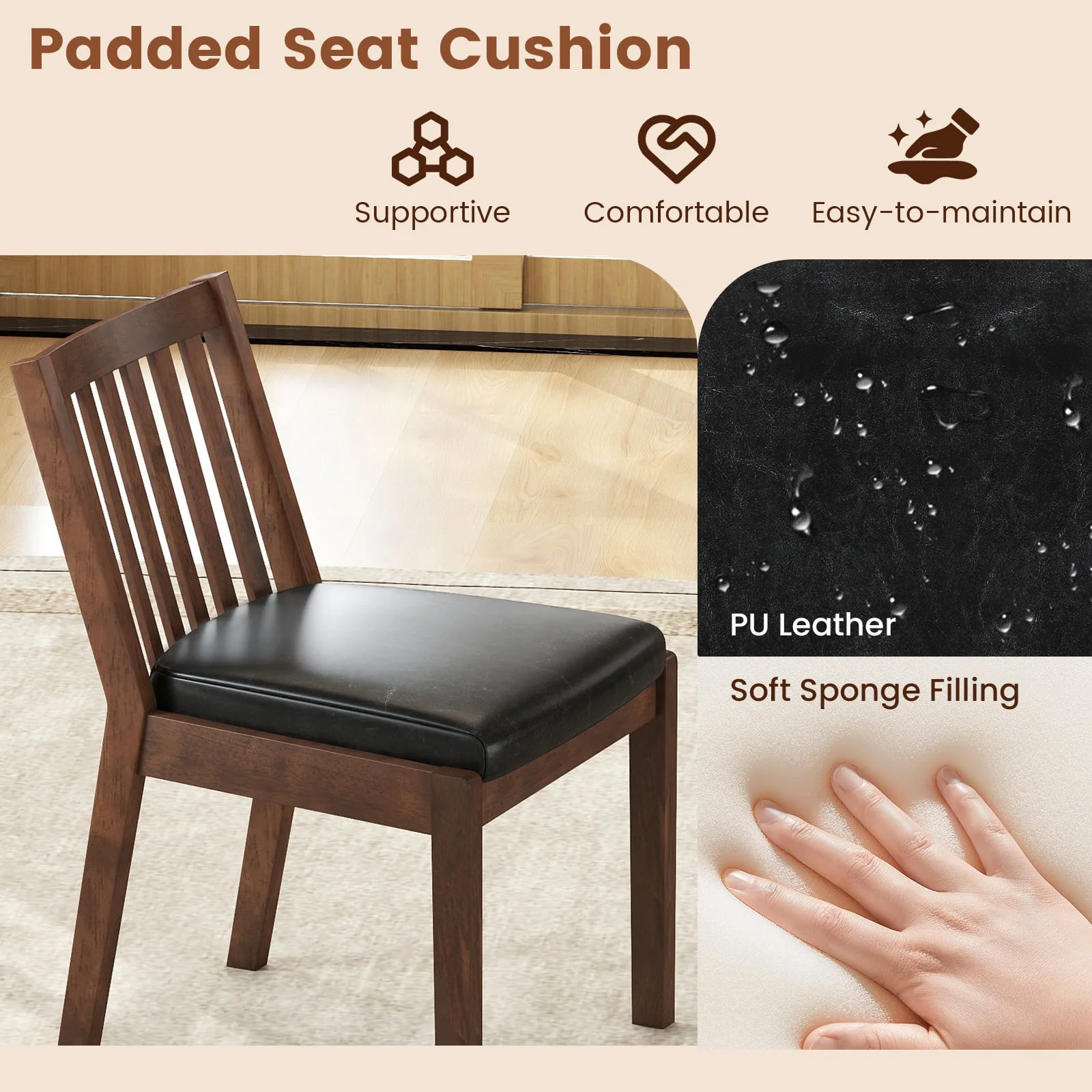 PU Leather Upholstered Dining Chair with Padded Seat Set of 2, Espresso - Image 5