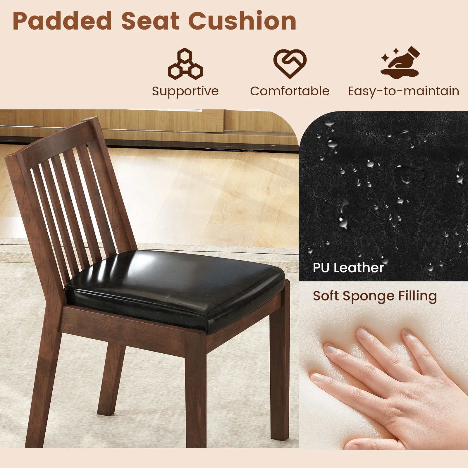 PU Leather Upholstered Dining Chair with Padded Seat Set of 4, Espresso - Image 7