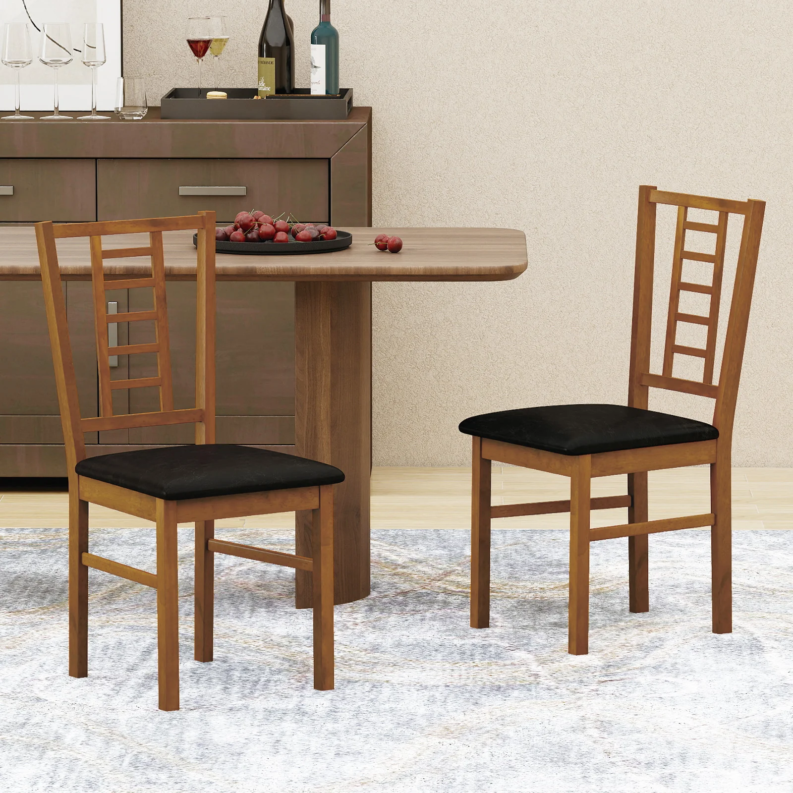 PU Leather Upholstered Wood Dining Chairs Set of 2, Walnut - Image 2
