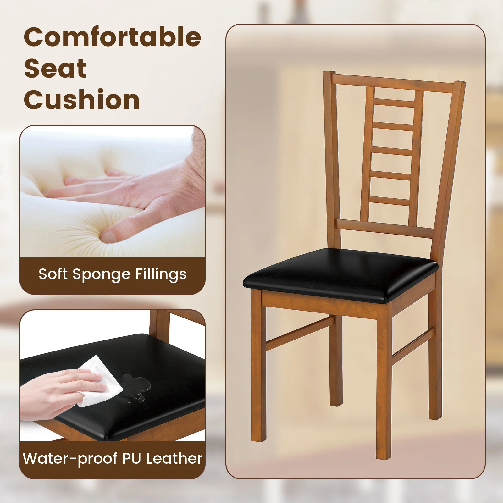 PU Leather Upholstered Wood Dining Chairs Set of 2, Walnut - Image 6