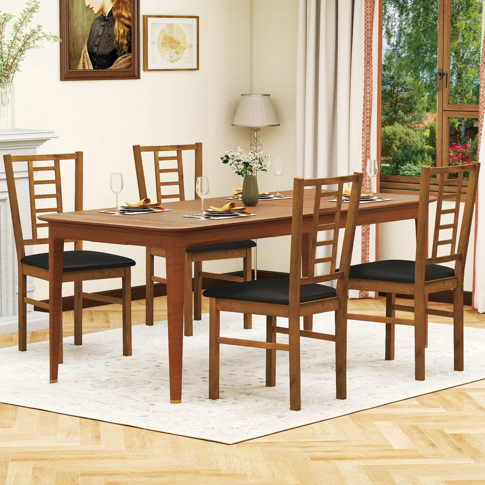 PU Leather Upholstered Wood Dining Chairs Set of 4, Walnut - Image 3