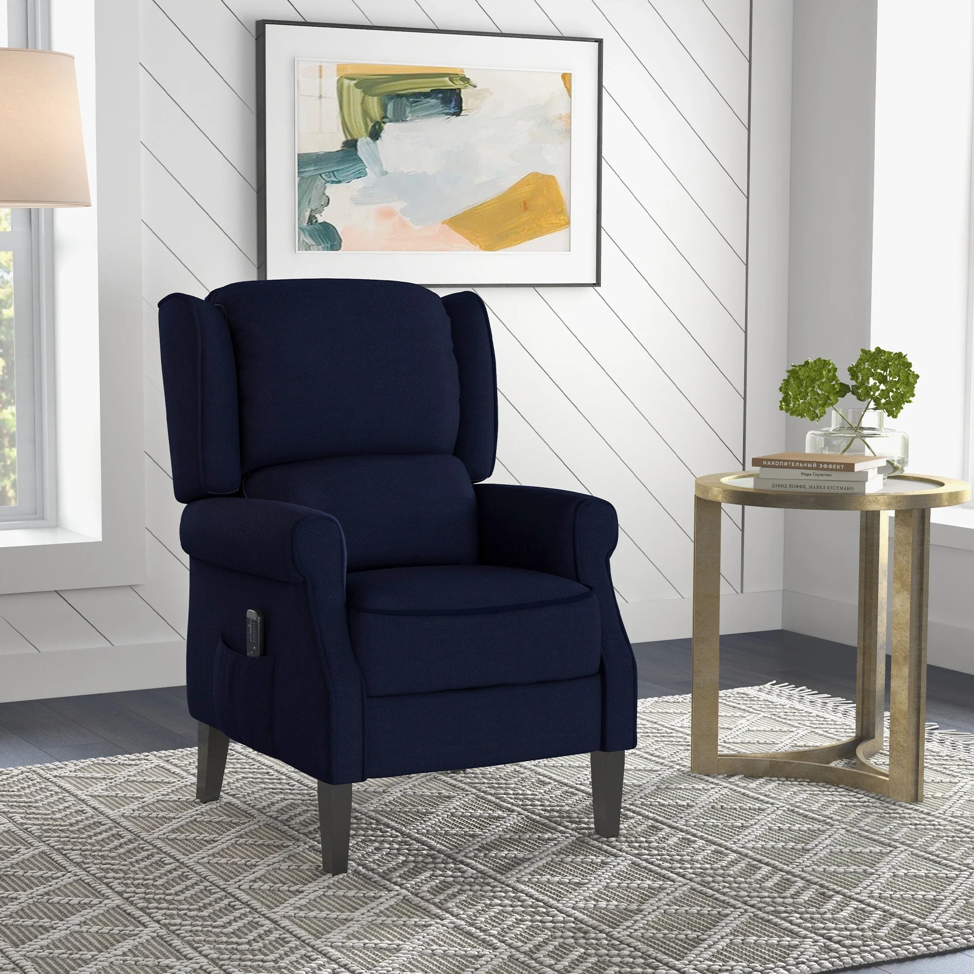 Push Back Recliner Chair, Vibration Massage, Extendable Footrest, Remote, Pocket, Blue - Image 2