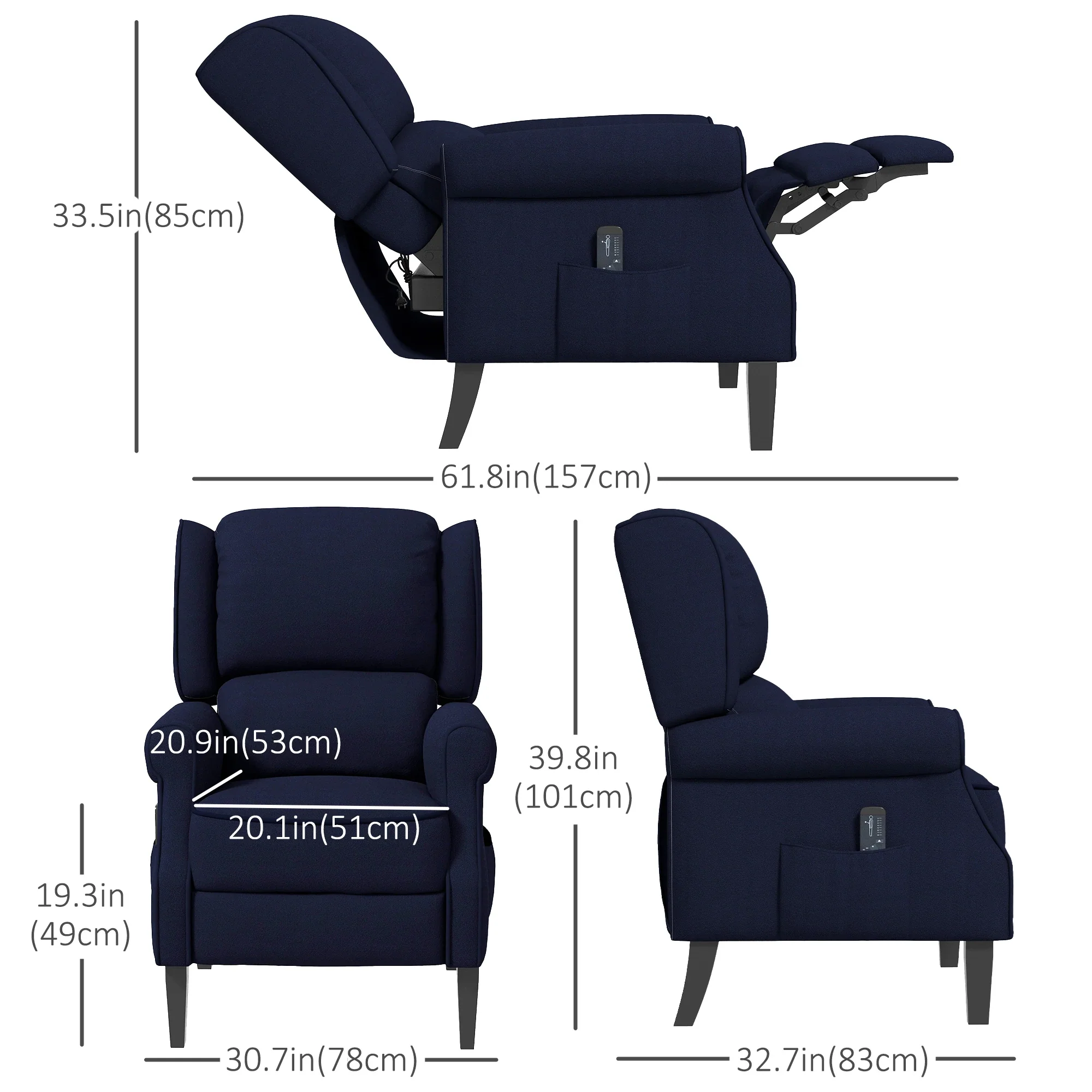 Push Back Recliner Chair, Vibration Massage, Extendable Footrest, Remote, Pocket, Blue - Image 3