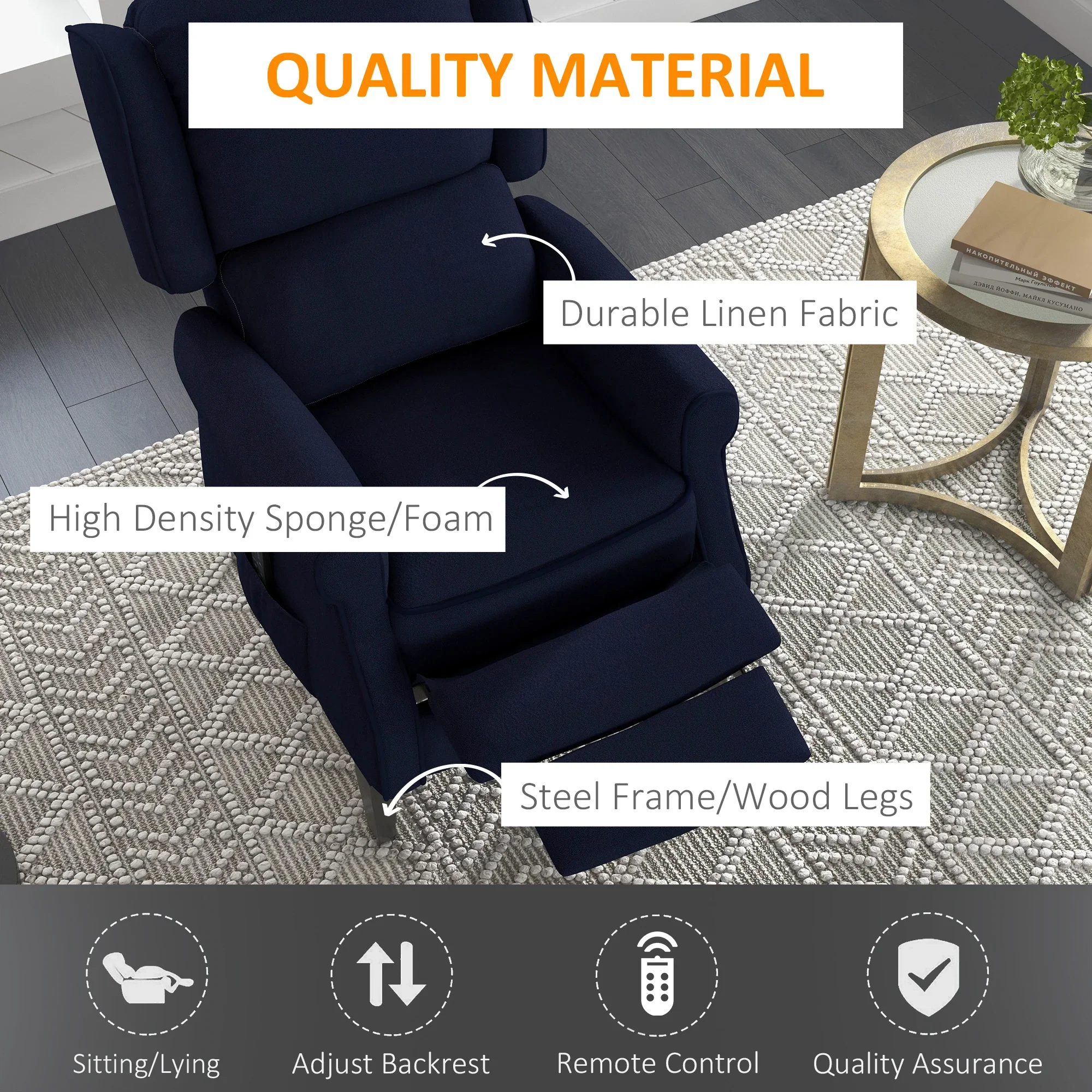 Push Back Recliner Chair, Vibration Massage, Extendable Footrest, Remote, Pocket, Blue - Image 5
