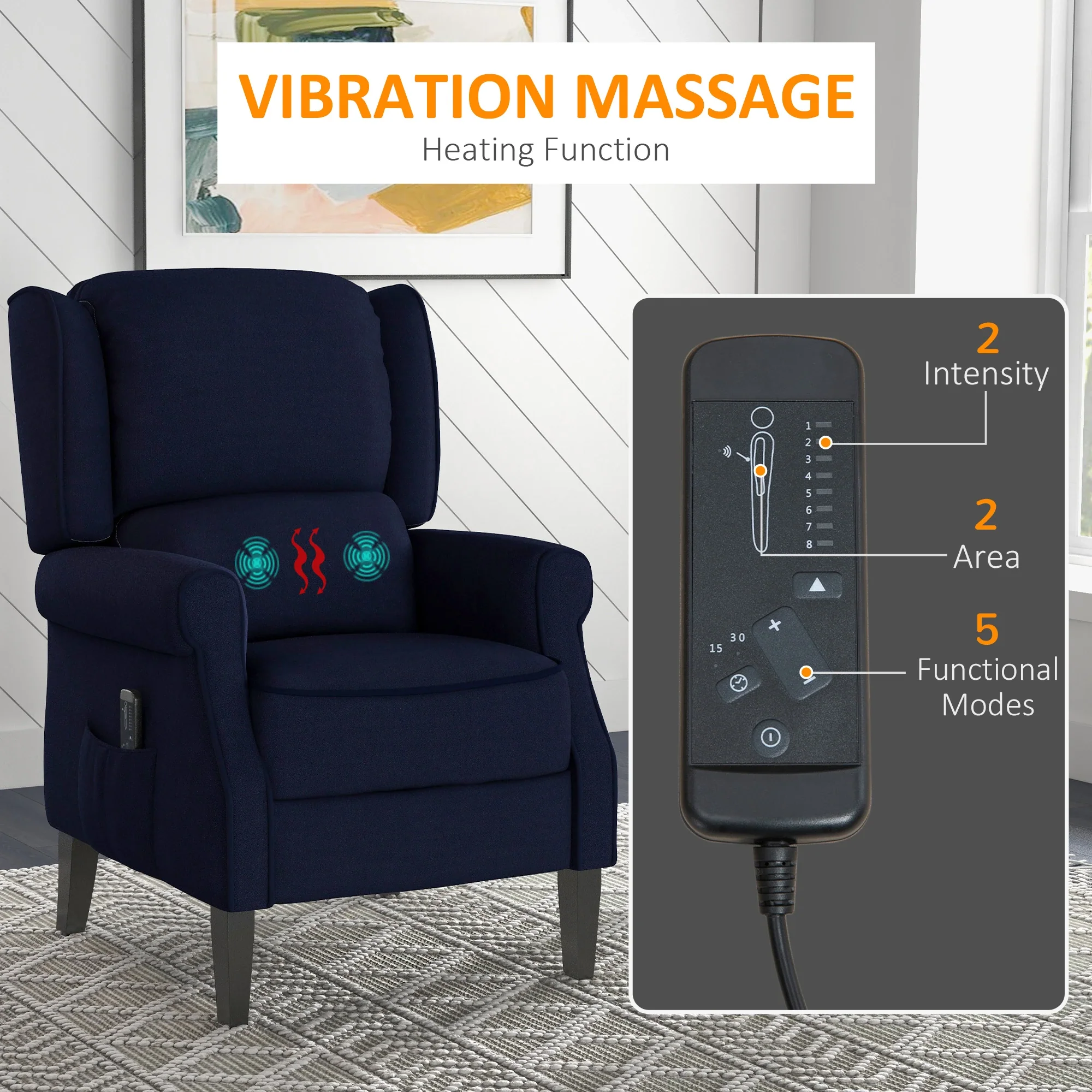 Push Back Recliner Chair, Vibration Massage, Extendable Footrest, Remote, Pocket, Blue - Image 7