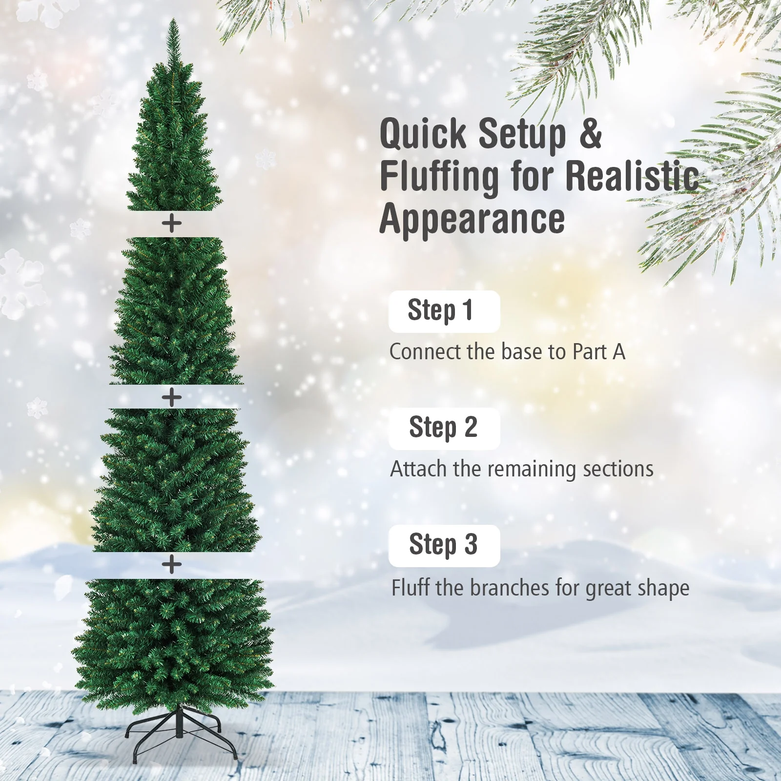 PVC Artificial Slim Pencil Christmas Tree, 9', Green - Image 7
