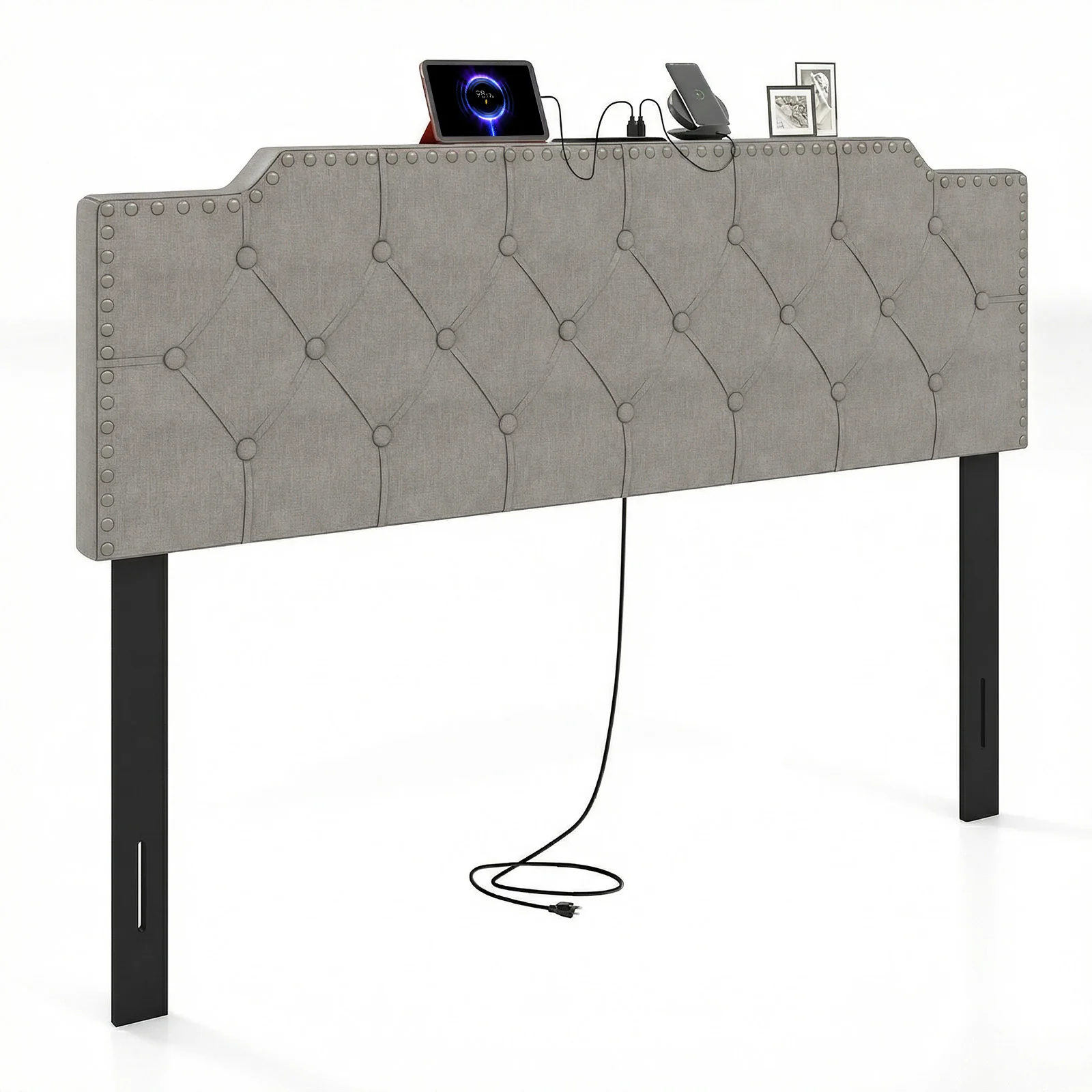 Queen Full Size Bed Headboard, Rivet Tufted Upholstered, Gray - Image 5