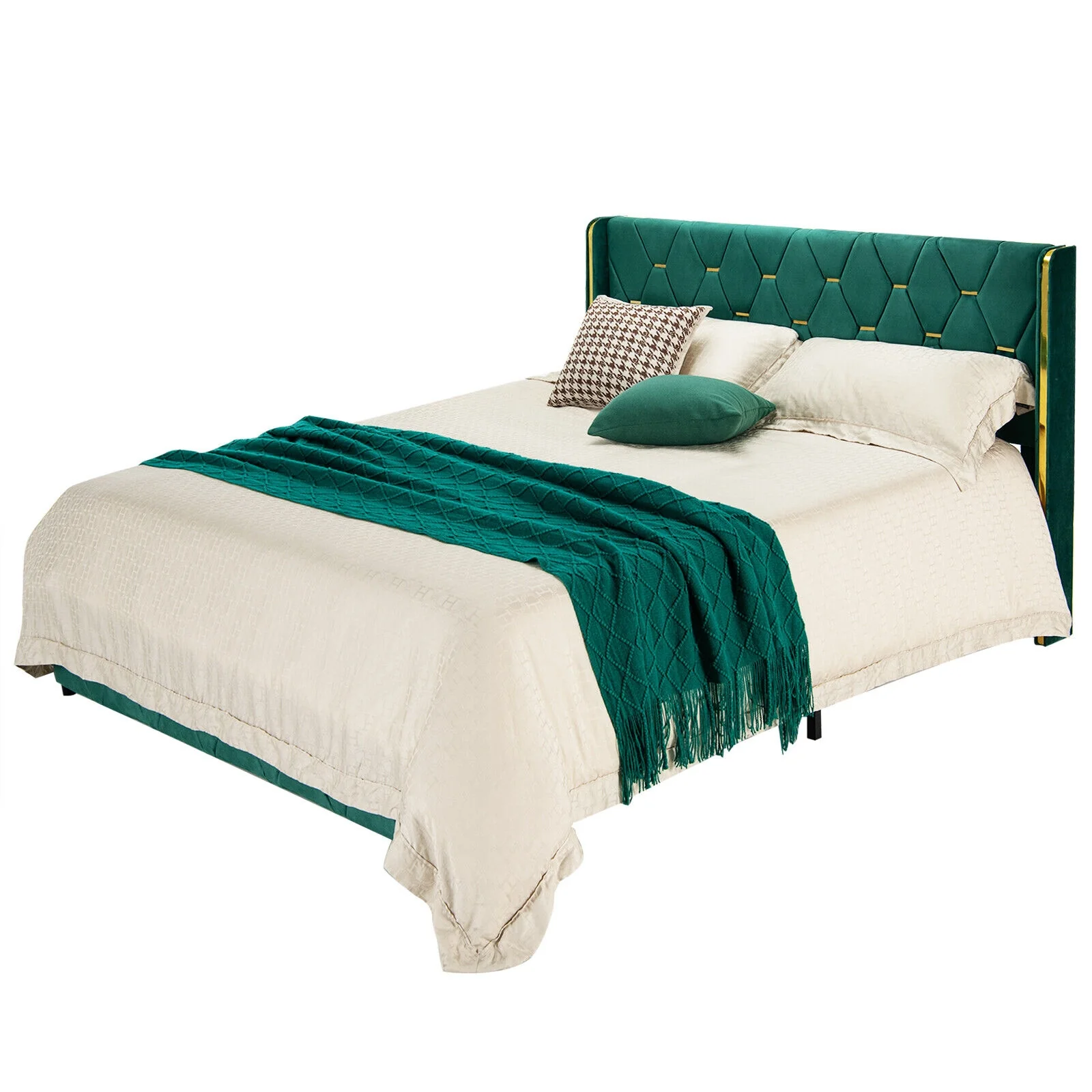 Queen/Full Size Upholstered Platform Bed Frame, Adjustable Headboard, Green - Image 10