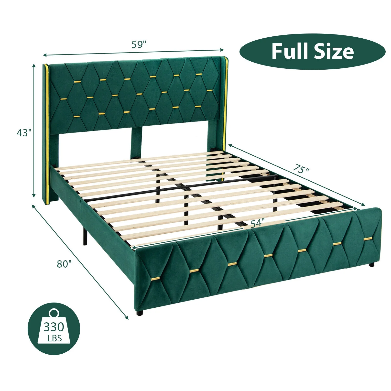 Queen/Full Size Upholstered Platform Bed Frame, Adjustable Headboard, Green - Image 5