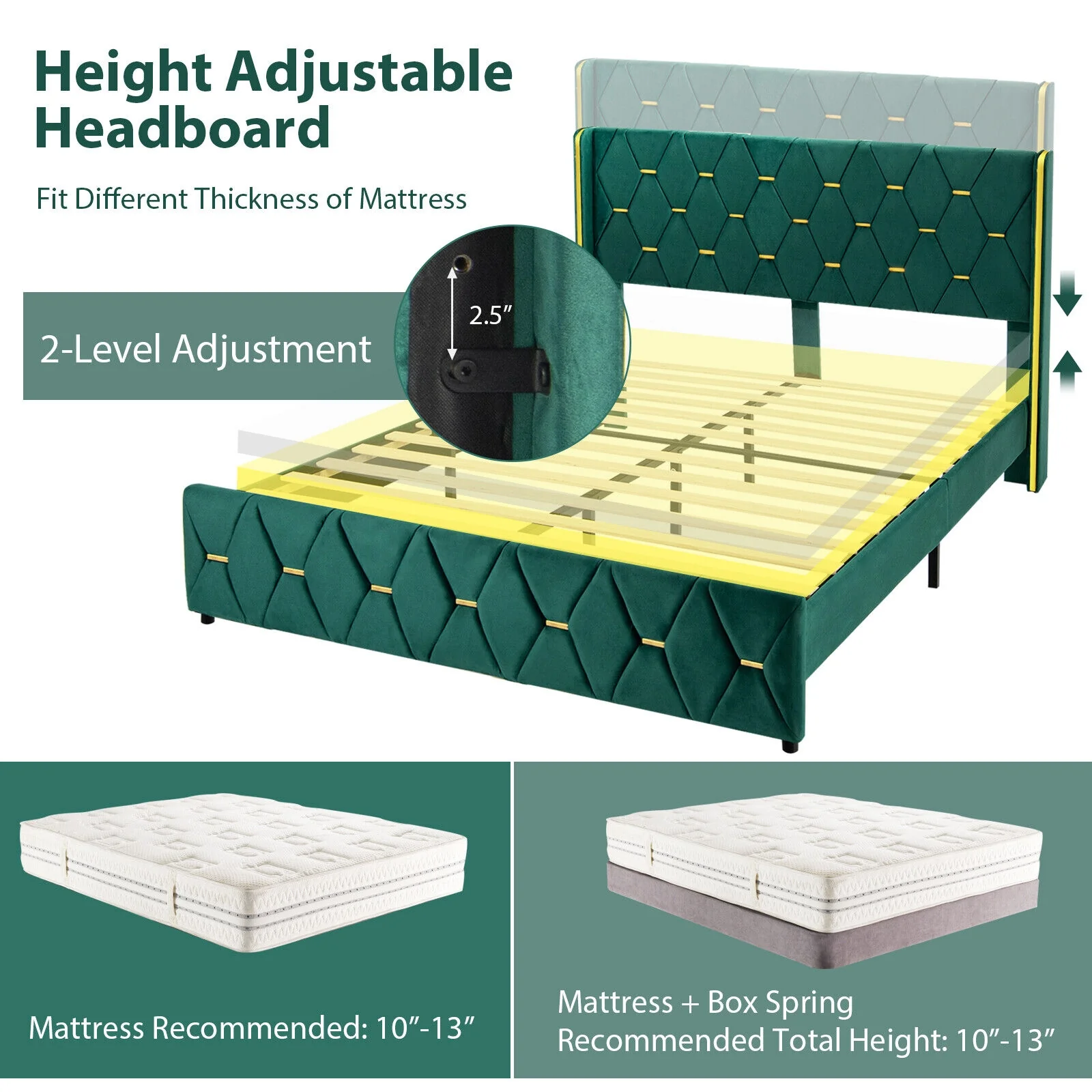 Queen/Full Size Upholstered Platform Bed Frame, Adjustable Headboard, Green - Image 6