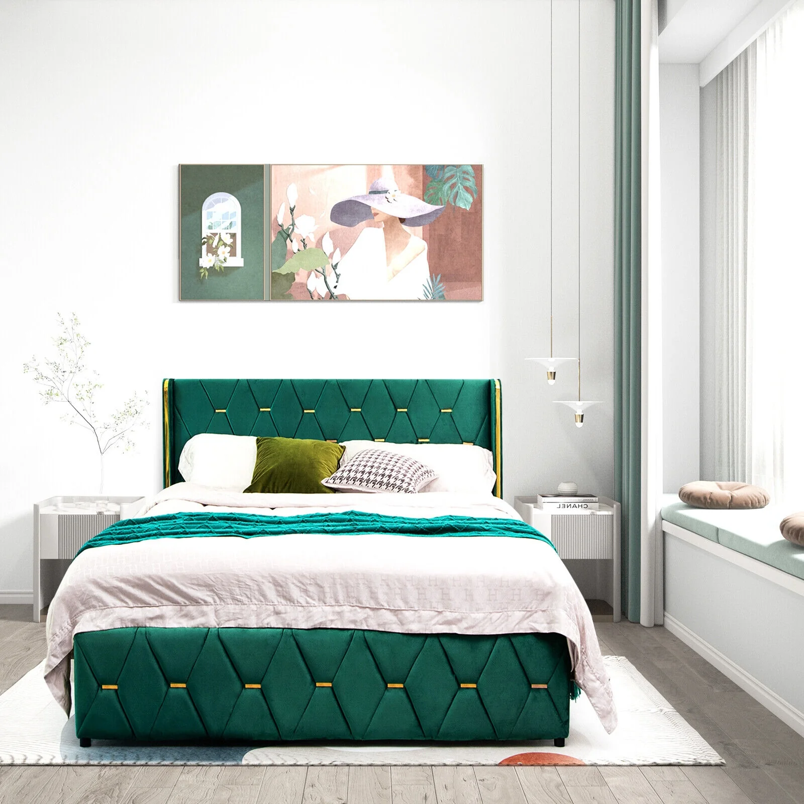 Queen/Full Size Upholstered Platform Bed Frame, Adjustable Headboard, Green - Image 7