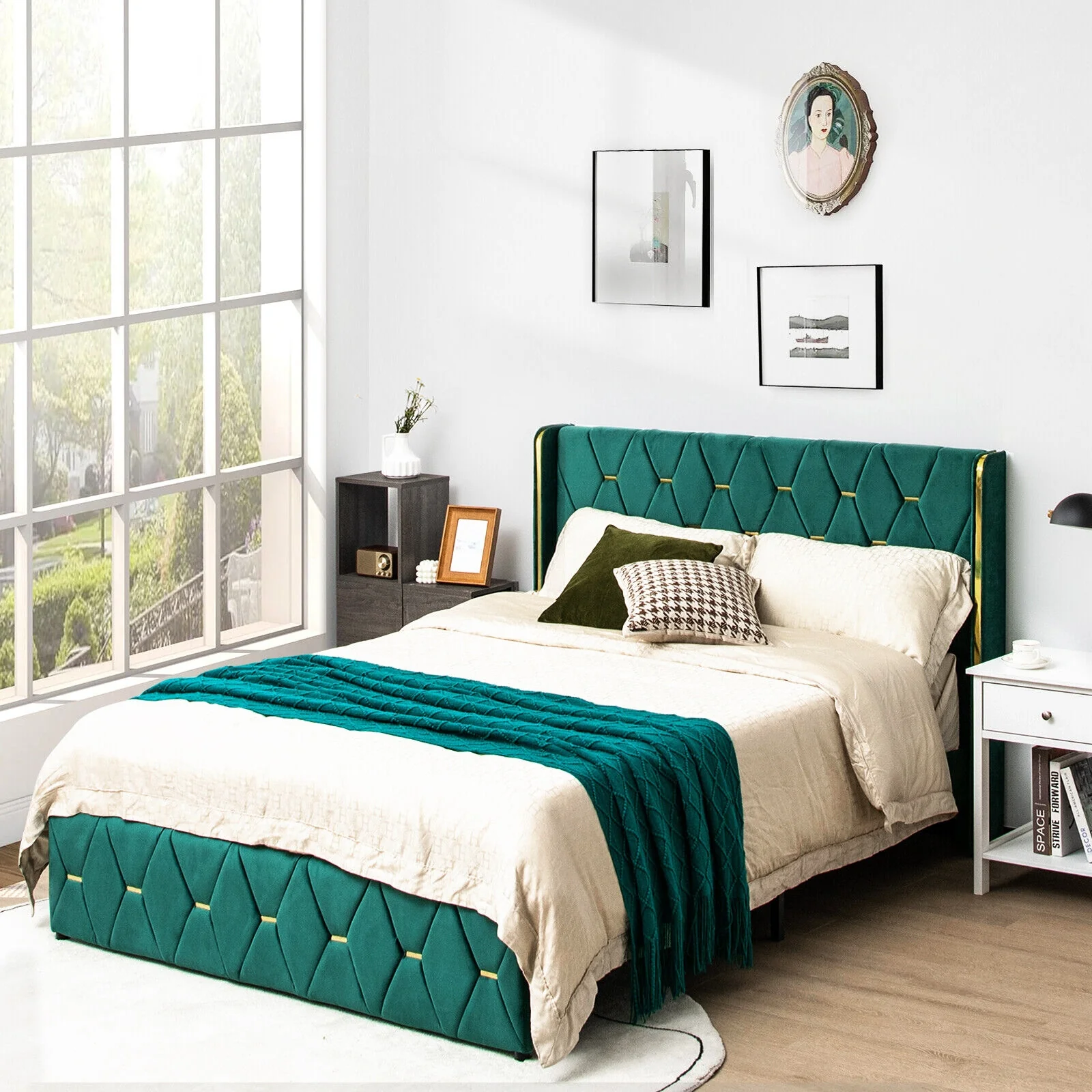 Queen/Full Size Upholstered Platform Bed Frame, Adjustable Headboard, Green - Image 8
