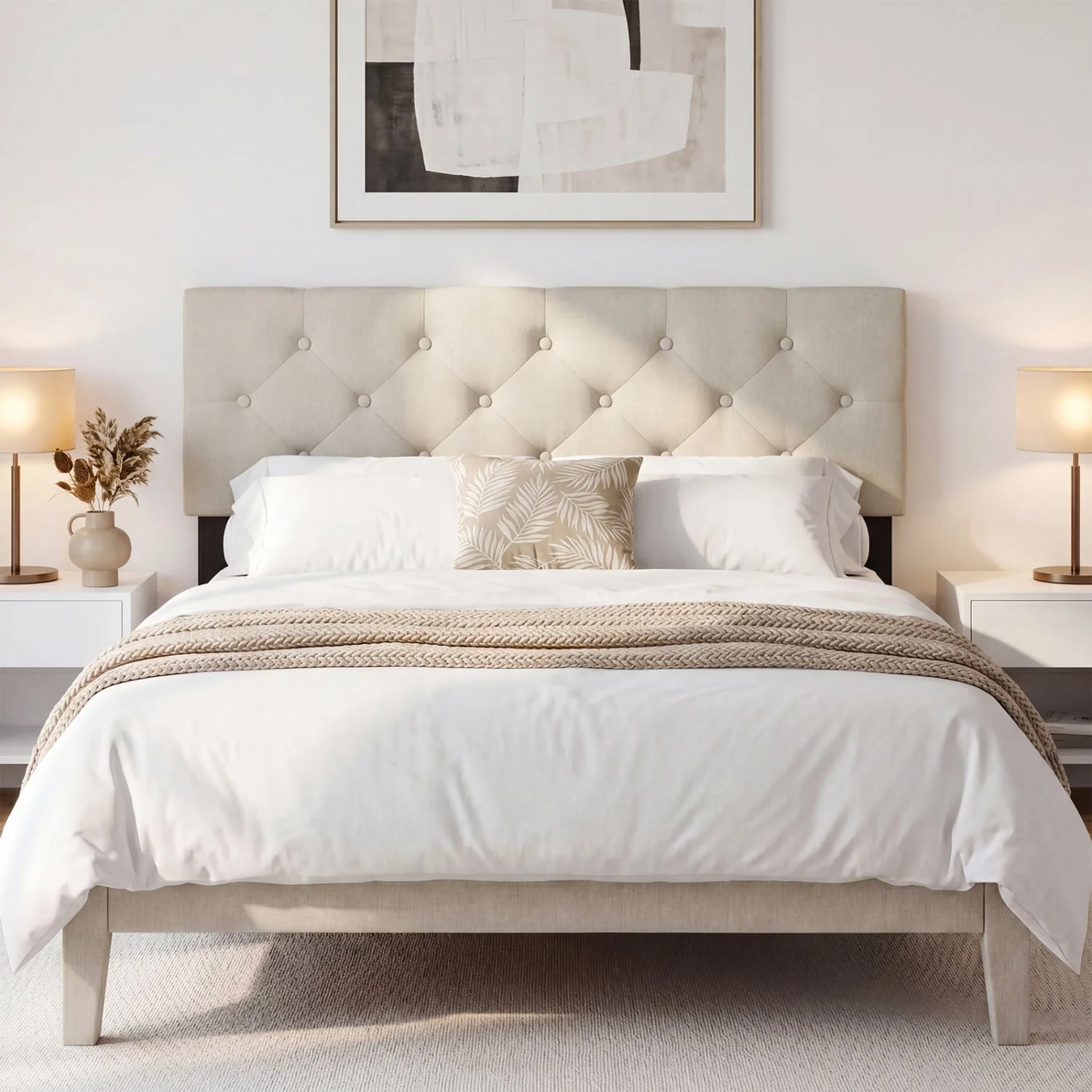 Queen/Full Tufted Linen Upholstered Headboard, Beige - Image 3