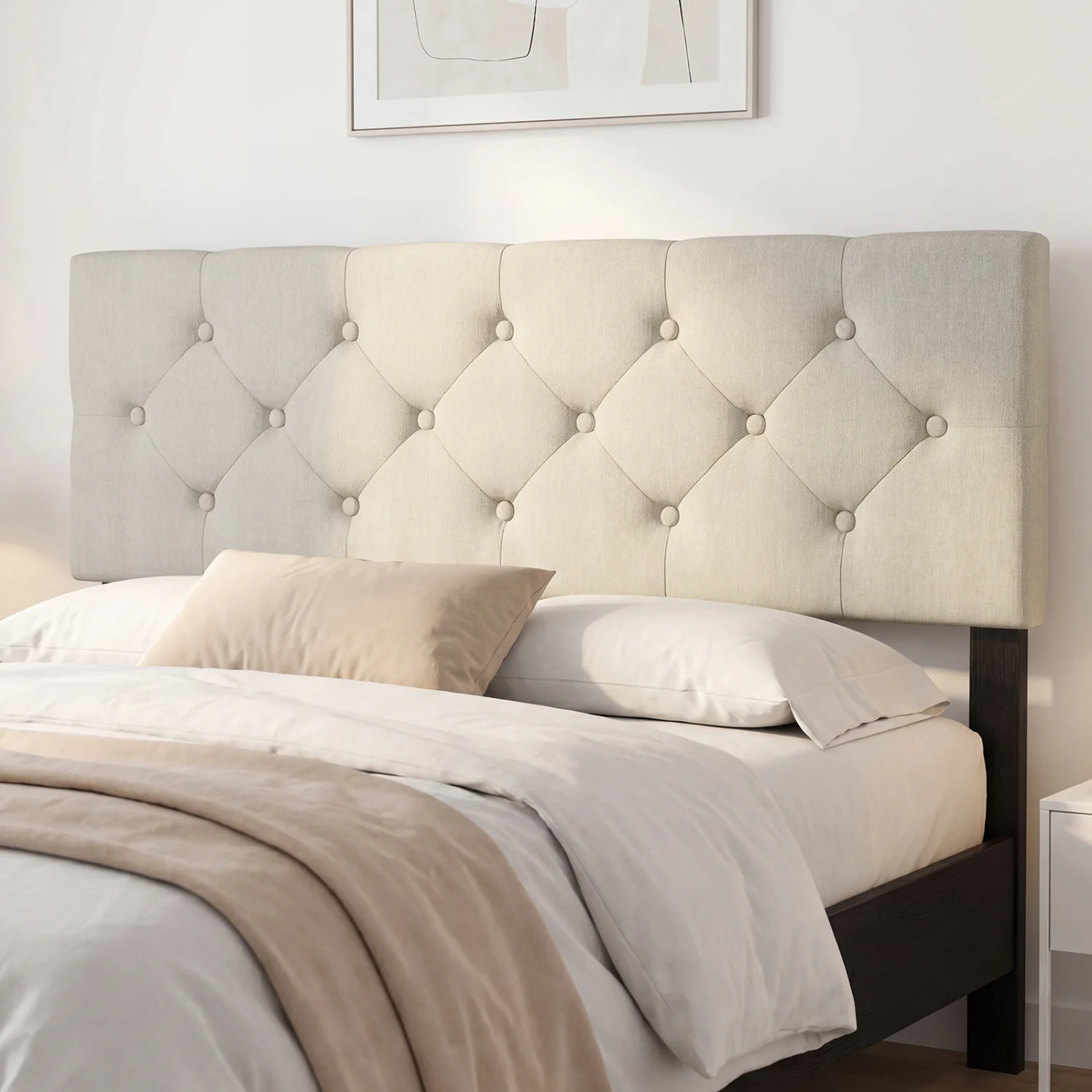 Queen/Full Tufted Linen Upholstered Headboard, Beige - Image 6