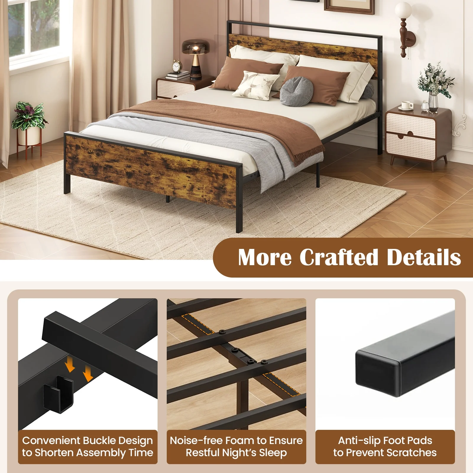 Queen Metal Bed Frame, Wooden Headboard, Rustic Brown - Image 10