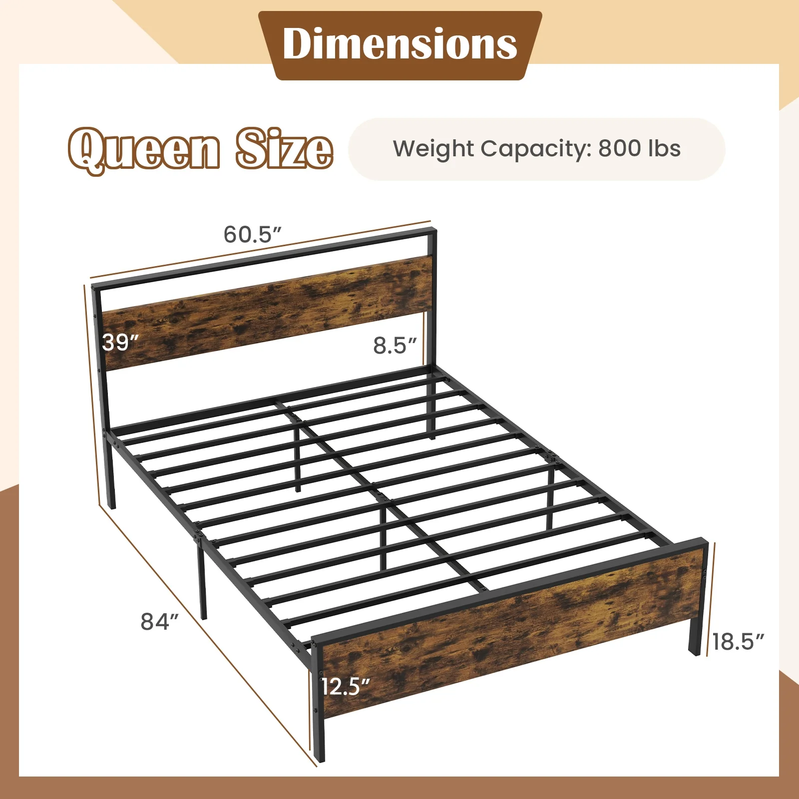 Queen Metal Bed Frame, Wooden Headboard, Rustic Brown - Image 5