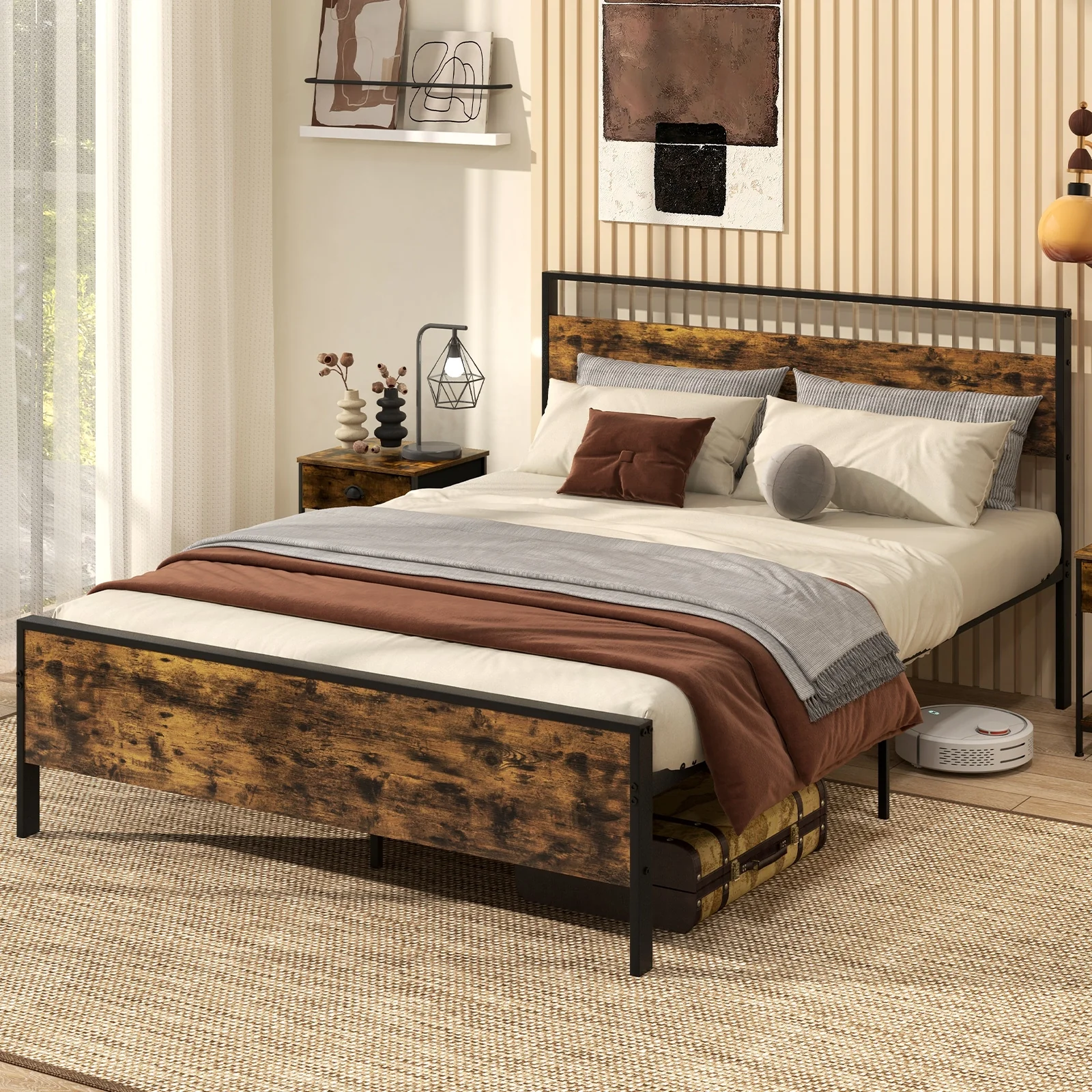 Queen Metal Bed Frame, Wooden Headboard, Rustic Brown - Image 6