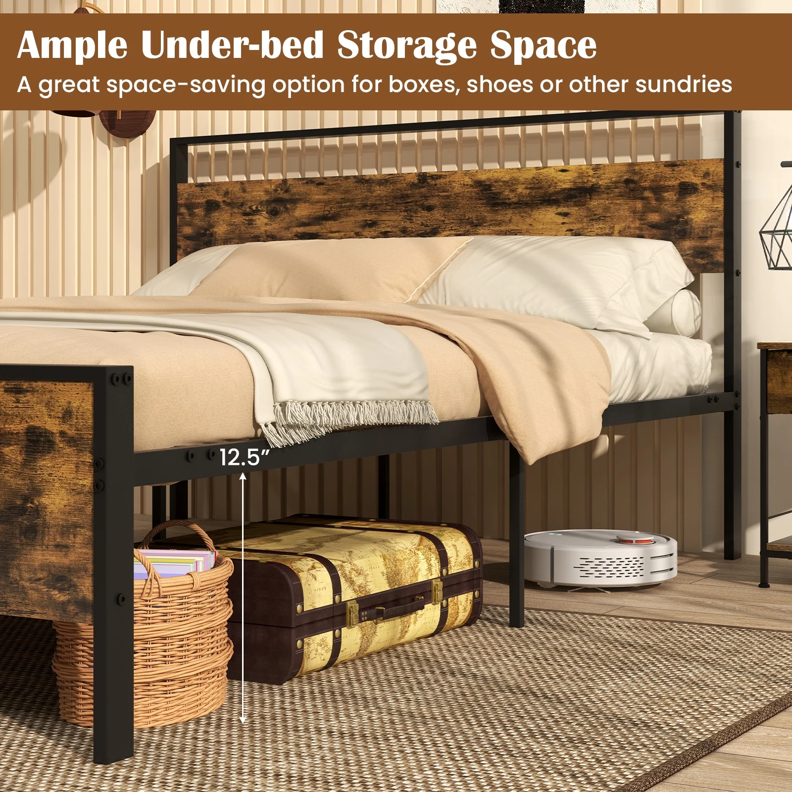 Queen Metal Bed Frame, Wooden Headboard, Rustic Brown - Image 8