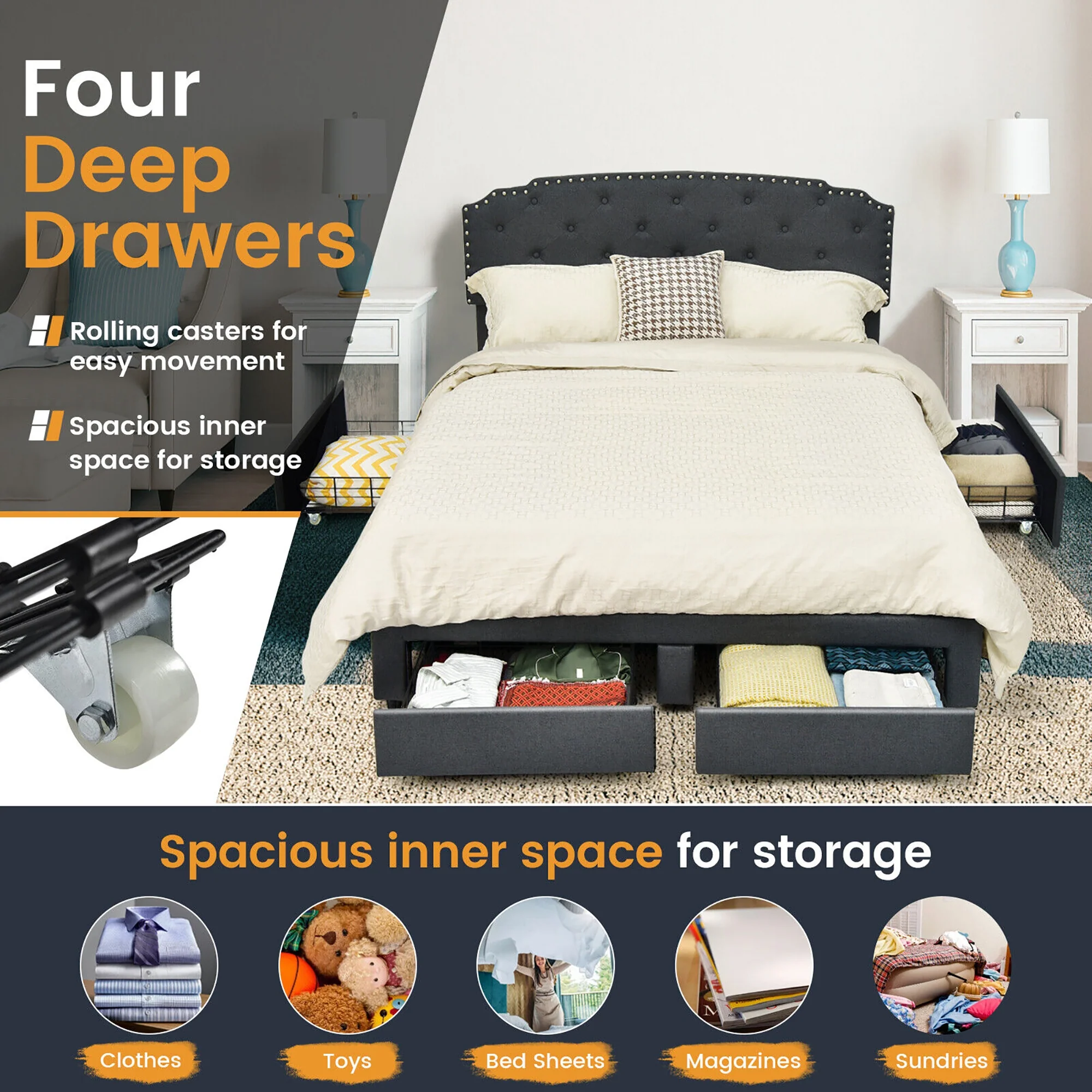 Queen Platform Bed Frame, Adjustable Headboard, 4 Storage Drawers, Gray - Image 10
