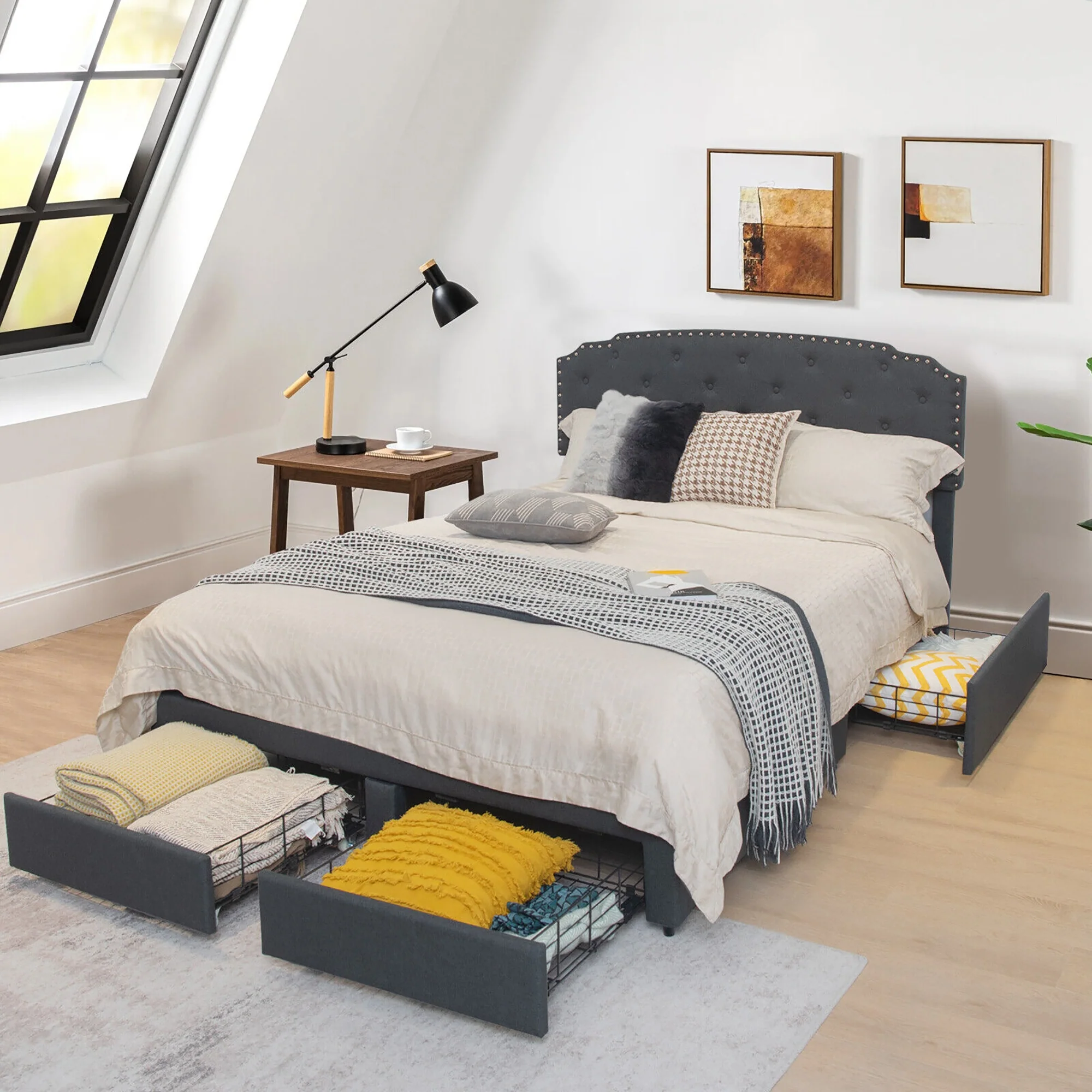 Queen Platform Bed Frame, Adjustable Headboard, 4 Storage Drawers, Gray - Image 2