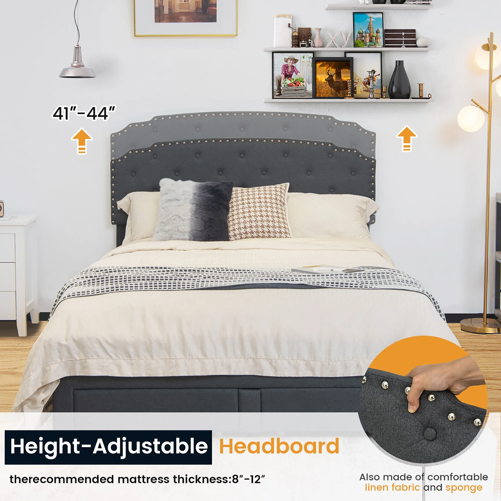 Queen Platform Bed Frame, Adjustable Headboard, 4 Storage Drawers, Gray - Image 3