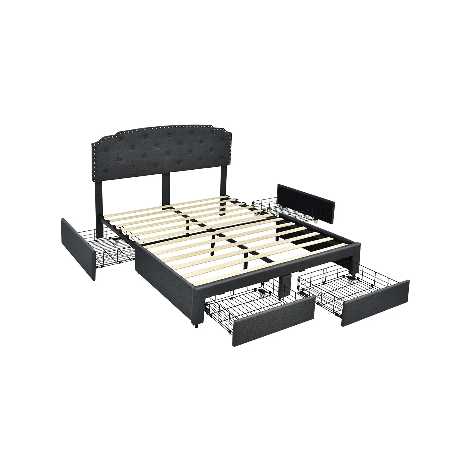 Queen Platform Bed Frame, Adjustable Headboard, 4 Storage Drawers, Gray - Image 4