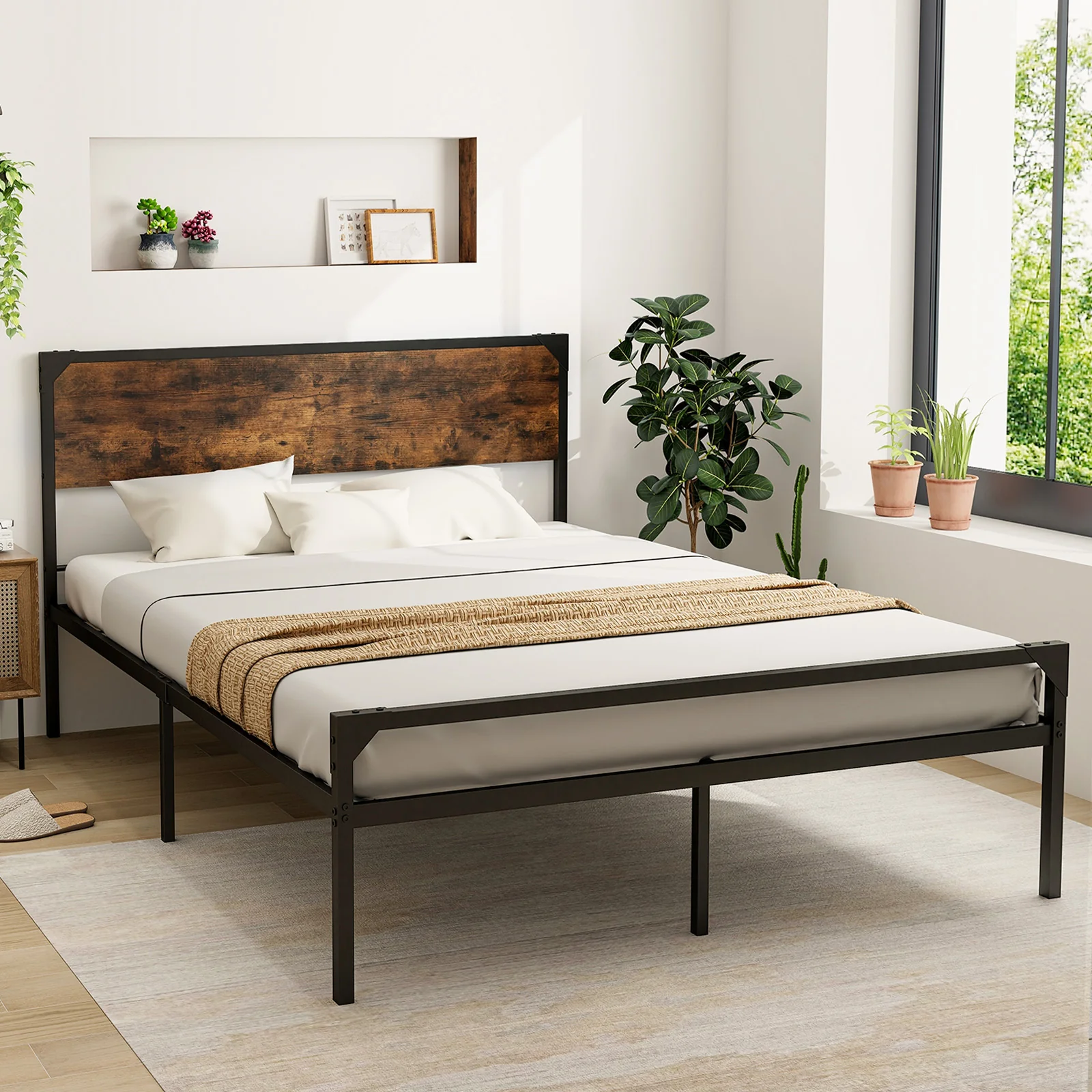 Queen Platform Bed, Rustic Headboard Footboard, Black - Image 2