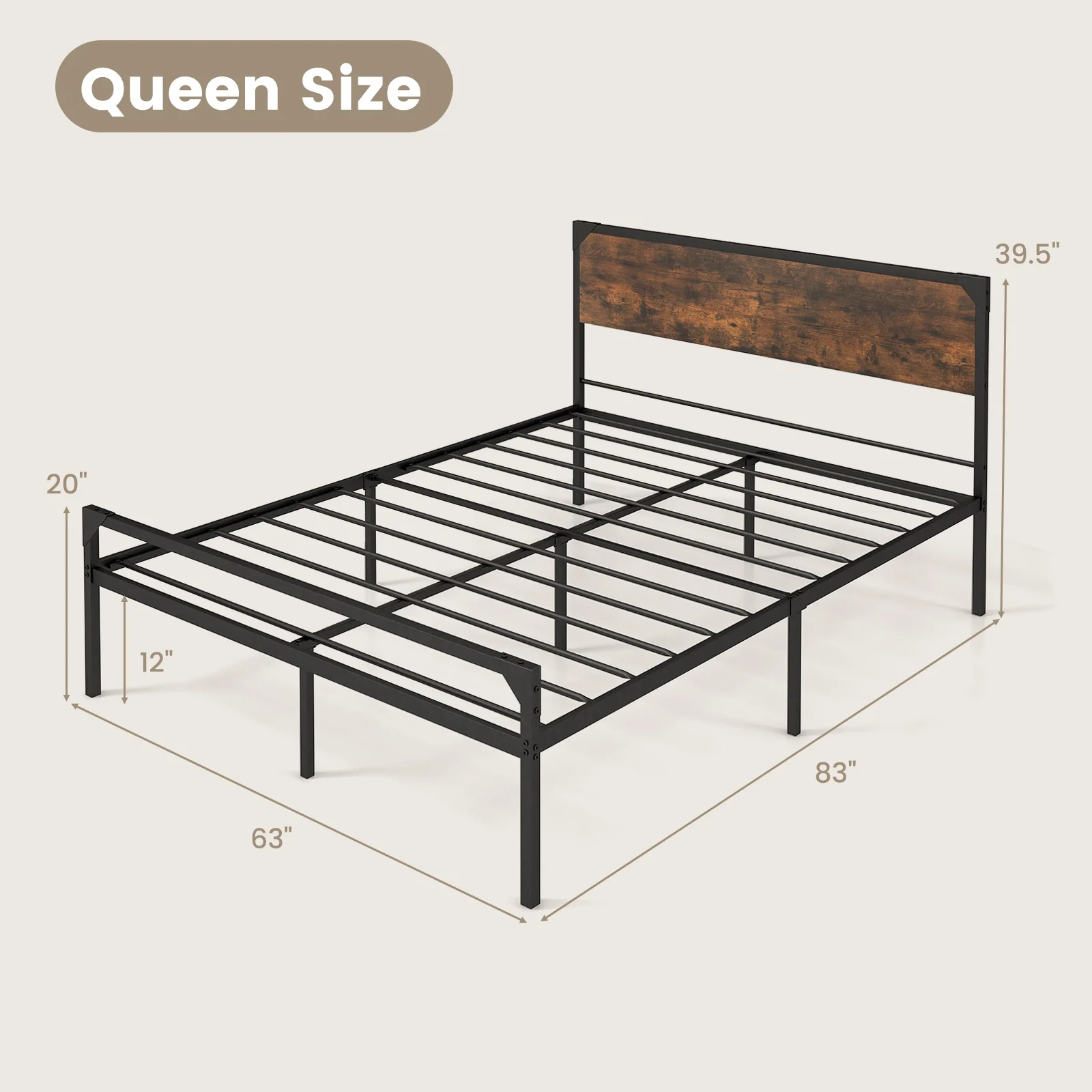 Queen Platform Bed, Rustic Headboard Footboard, Black - Image 5