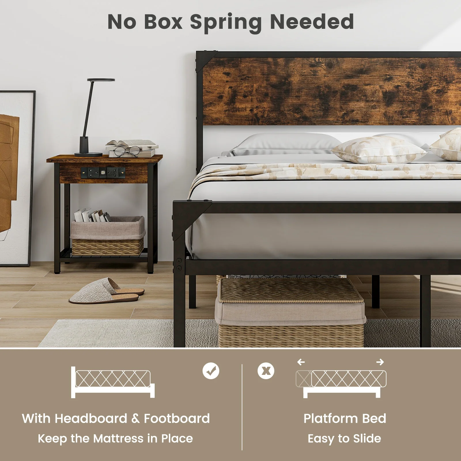Queen Platform Bed, Rustic Headboard Footboard, Black - Image 7