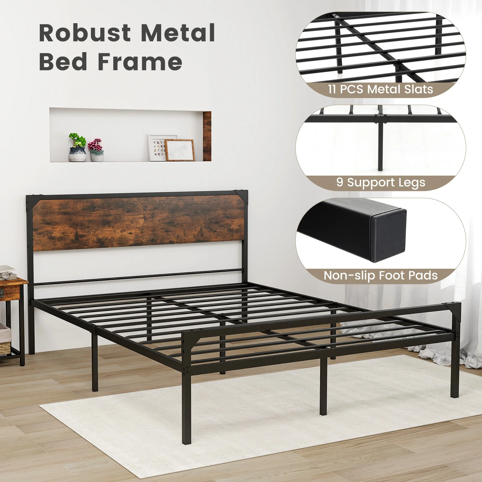 Queen Platform Bed, Rustic Headboard Footboard, Black - Image 8