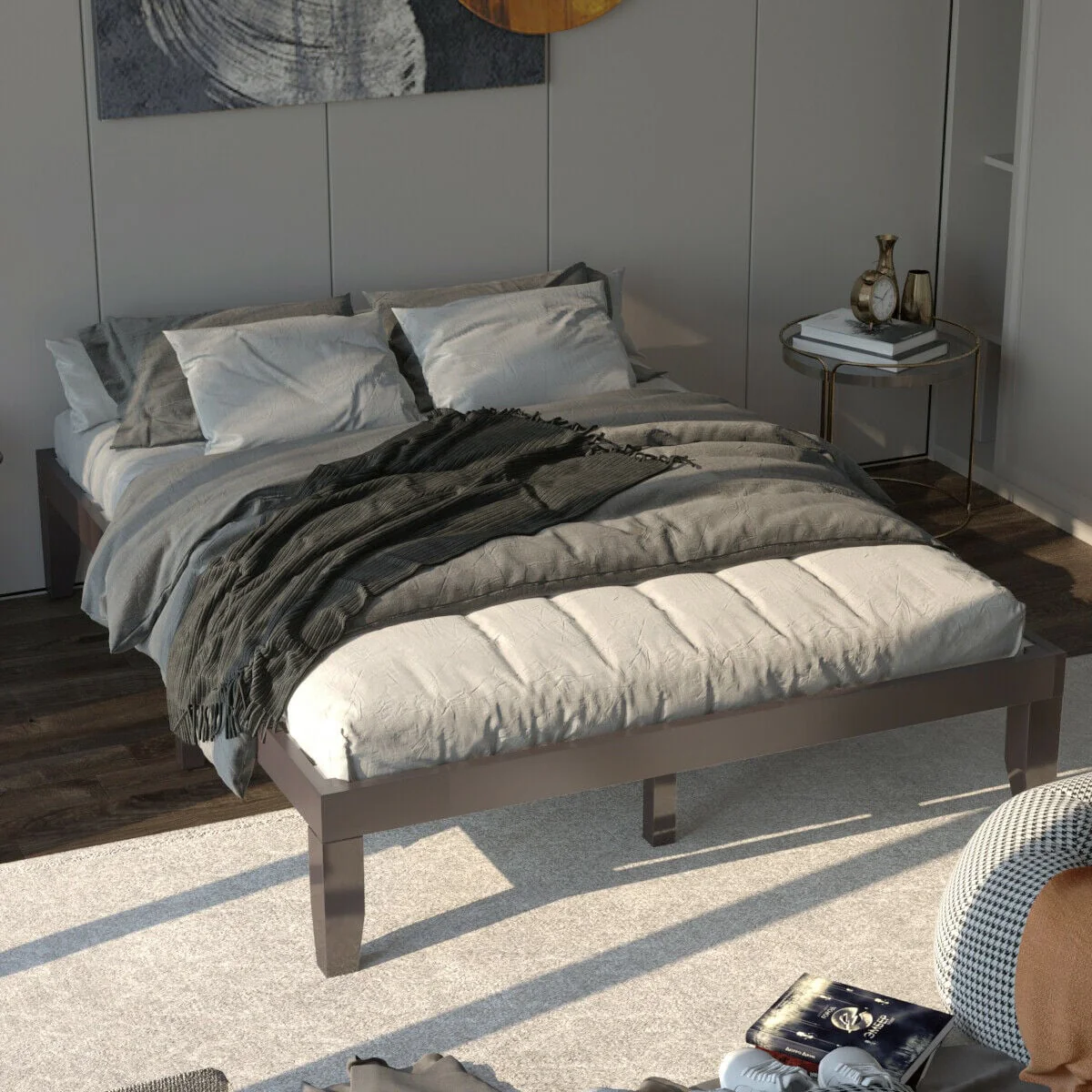 Queen Size 14 Inch Wooden Bed Frame, Mattress, Brown - Image 2