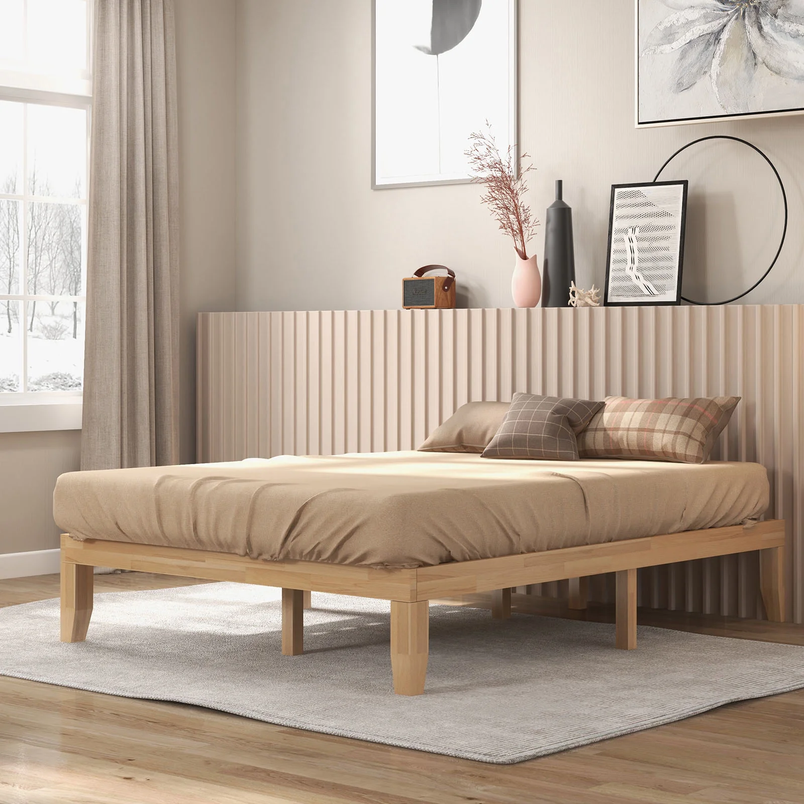 Queen Size 14 Inch Wooden Bed Frame, Natural - Image 2