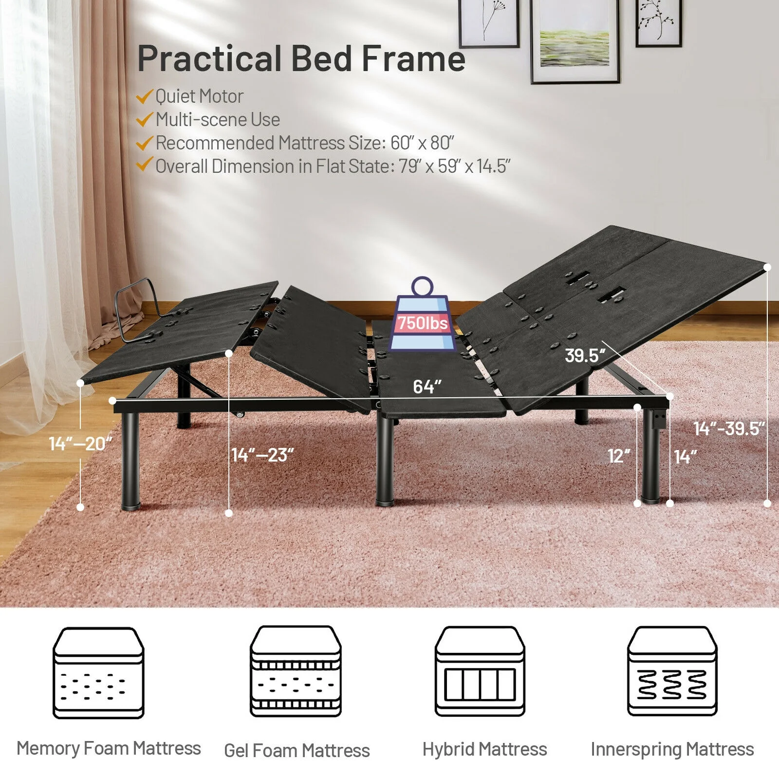 Queen Size Adjustable Bed Base, Head And Foot Incline, Black - Image 6