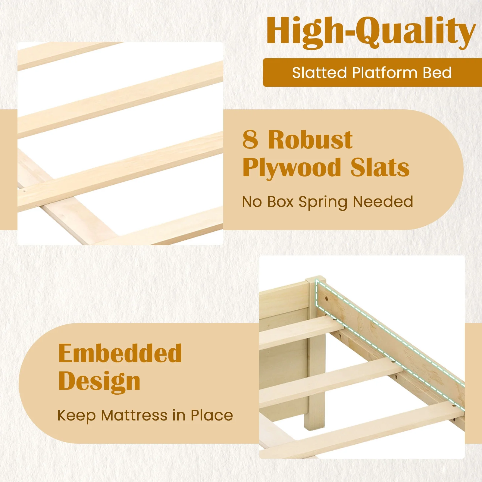 Queen Size Bed Frame, 2 Rolling Storage Drawers, Natural - Image 10
