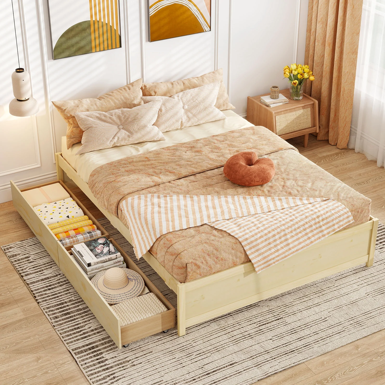 Queen Size Bed Frame, 2 Rolling Storage Drawers, Natural - Image 2