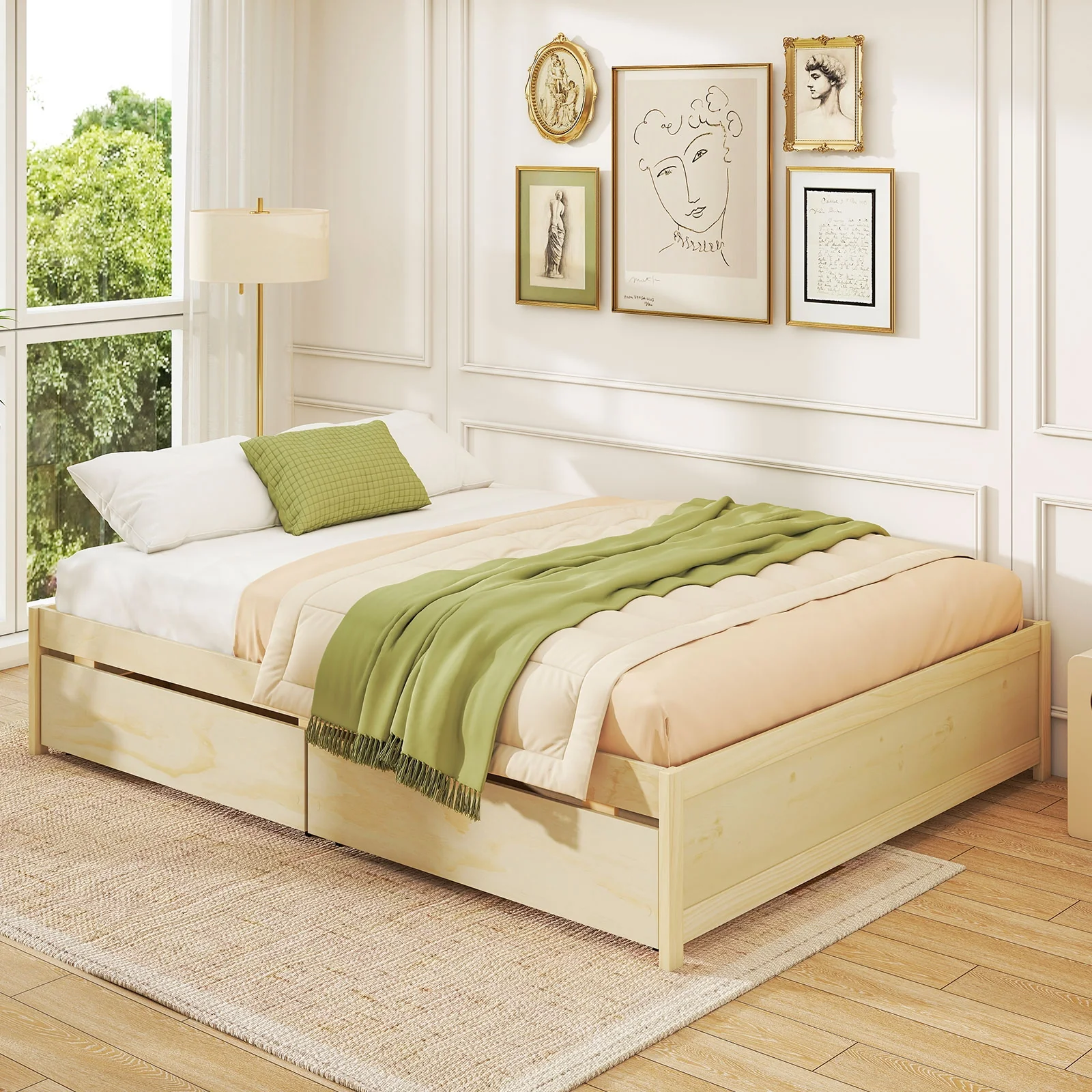 Queen Size Bed Frame, 2 Rolling Storage Drawers, Natural - Image 3