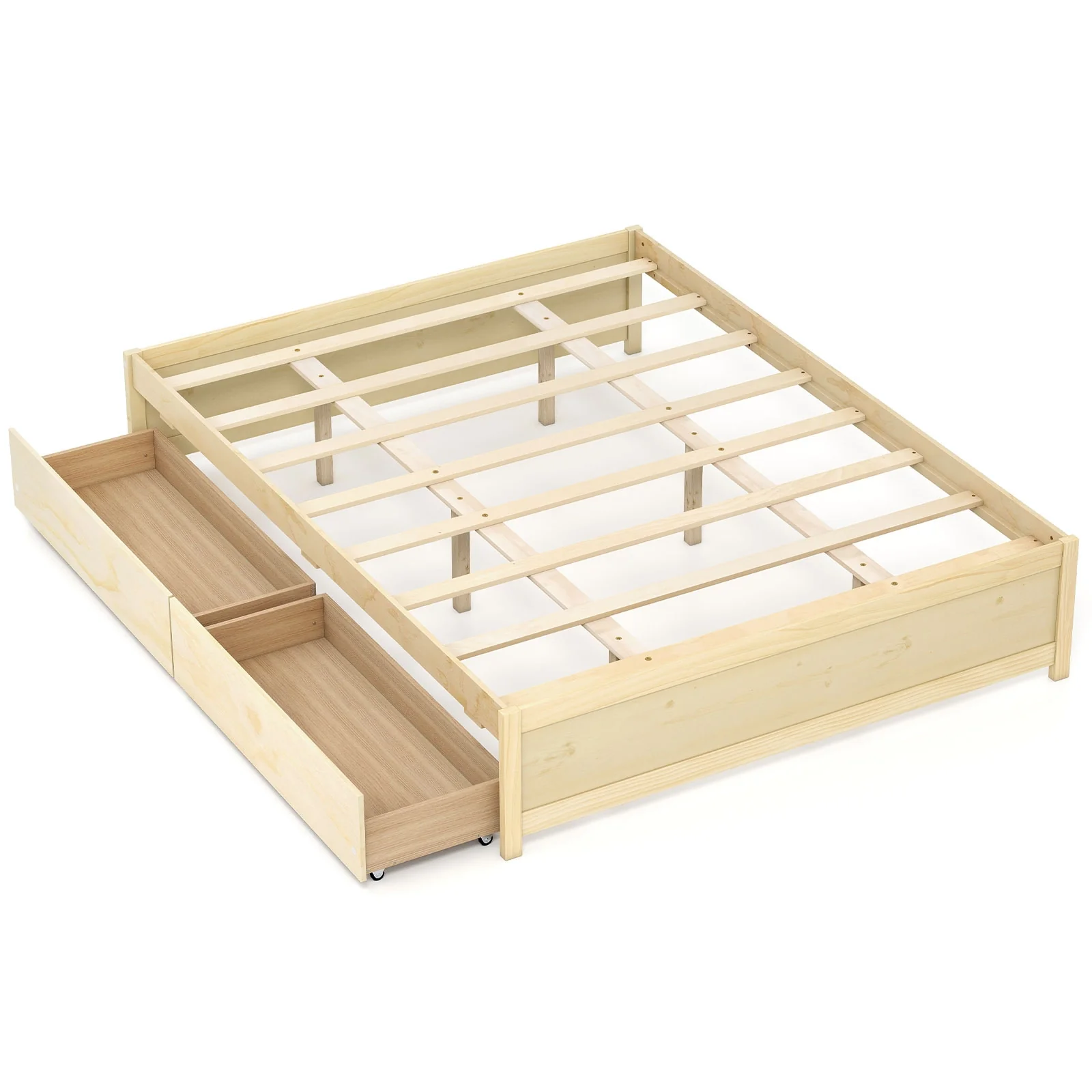 Queen Size Bed Frame, 2 Rolling Storage Drawers, Natural - Image 4