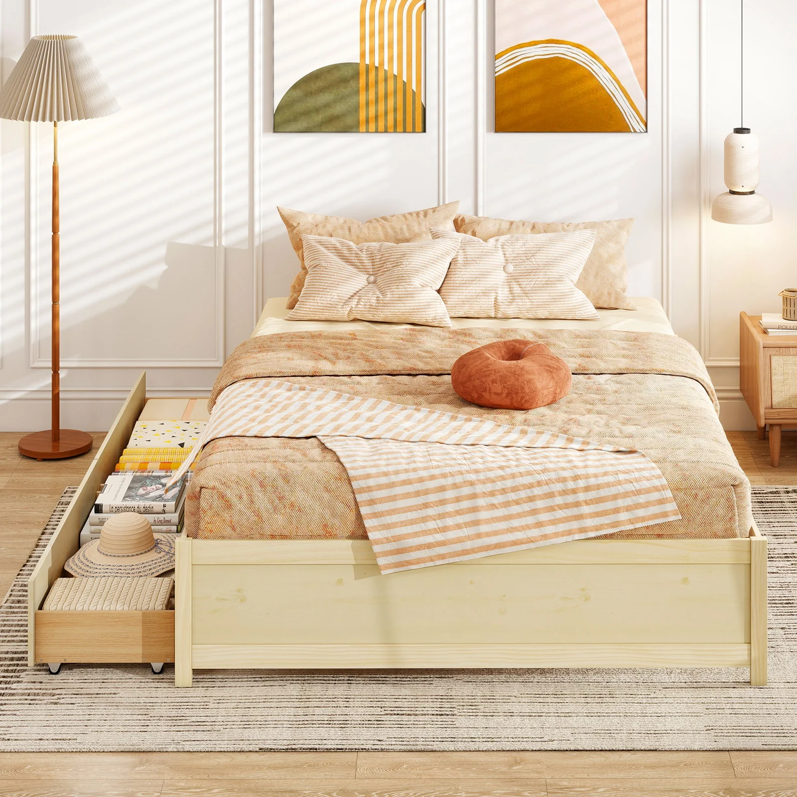 Queen Size Bed Frame, 2 Rolling Storage Drawers, Natural - Image 6