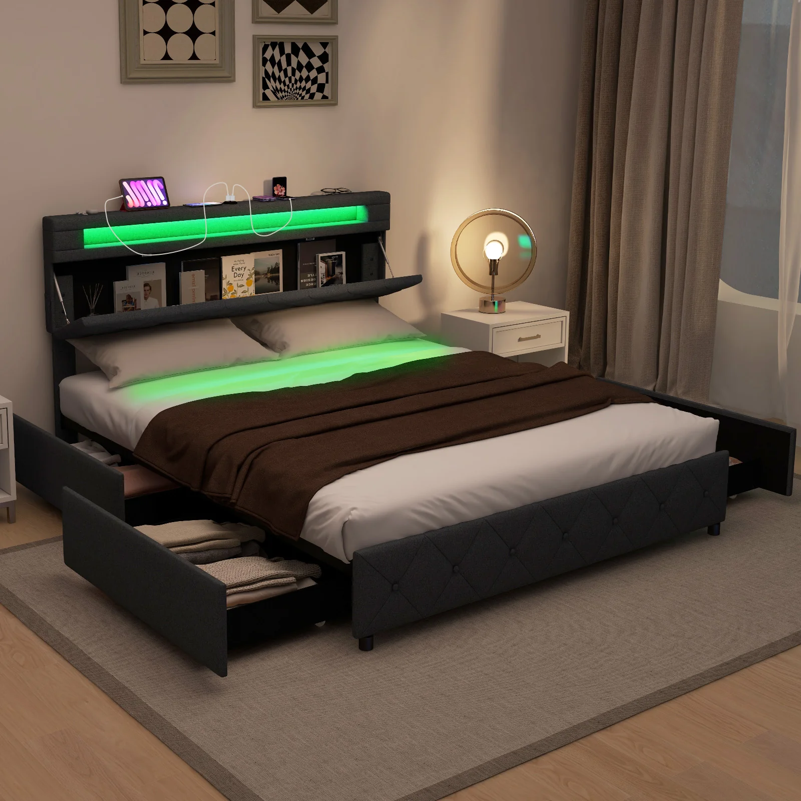Queen Size Bed Frame, Adjustable Storage Headboard, Wooden Slat Support - Image 3