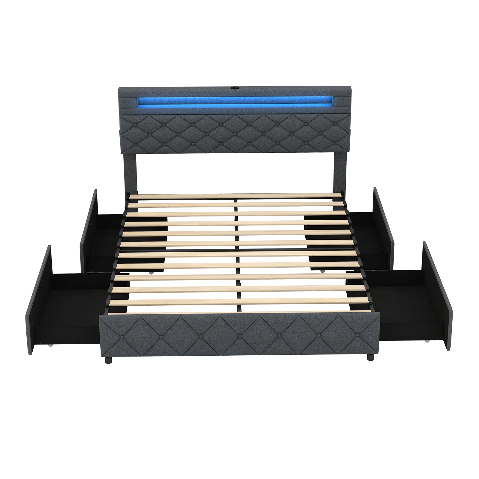 Queen Size Bed Frame, Adjustable Storage Headboard, Wooden Slat Support - Image 4