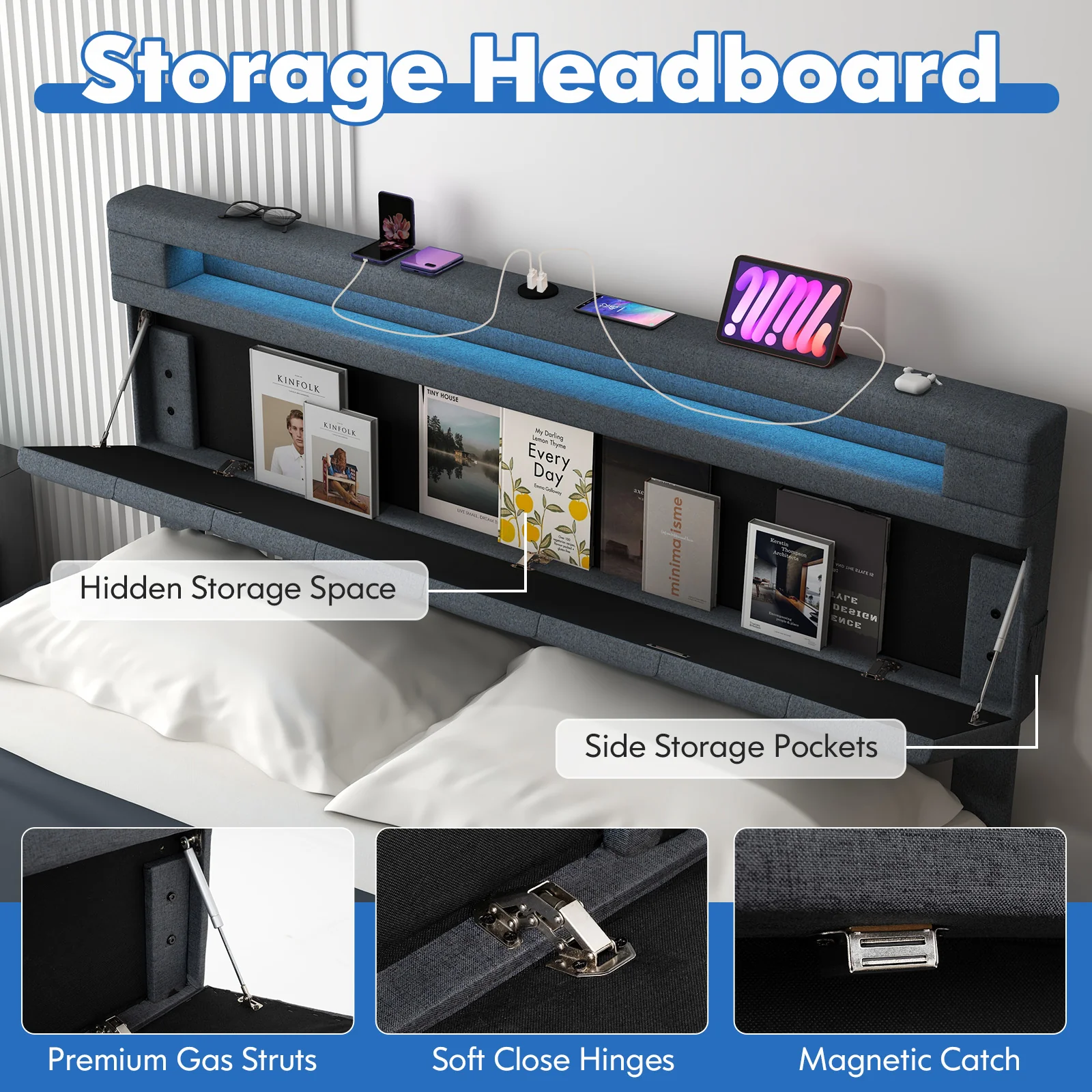 Queen Size Bed Frame, Adjustable Storage Headboard, Wooden Slat Support - Image 9